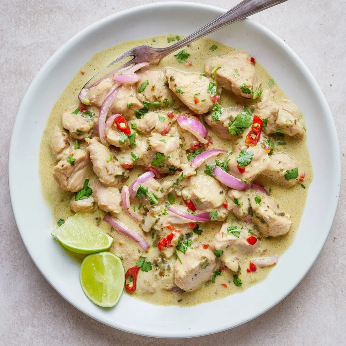 Golden coconut milk sauce coats tender chicken chunks in this spicy Brazilian dish with fresh cilantro garnish