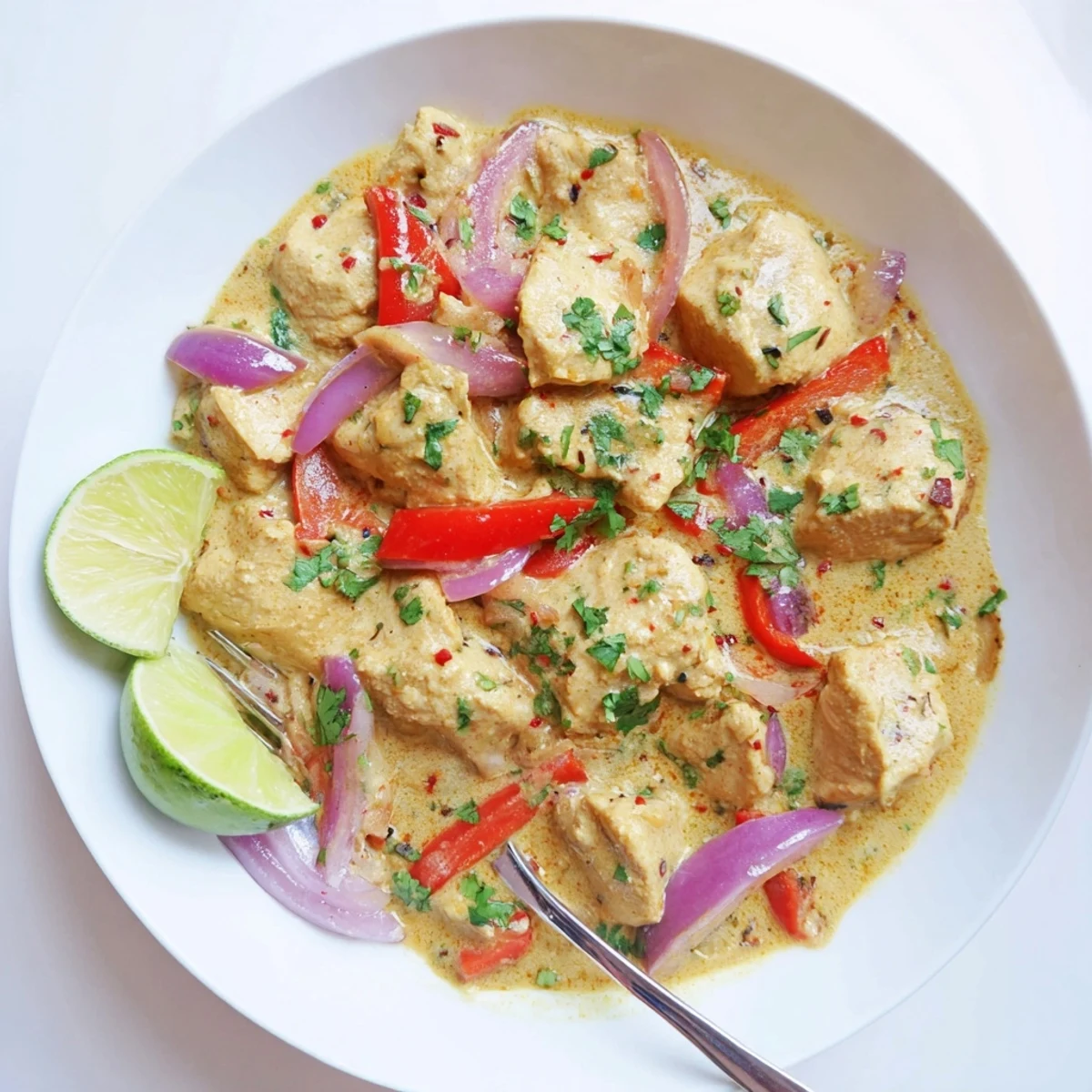 Creamy white coconut curry sauce simmers with red bell peppers and golden browned chicken thighs for dinner