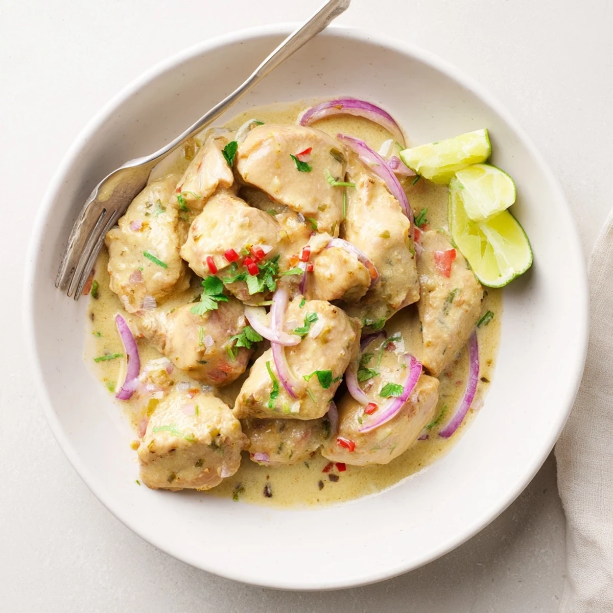 Vibrant Brazilian coconut chicken plated with fluffy white rice and fresh lime wedges for a complete meal