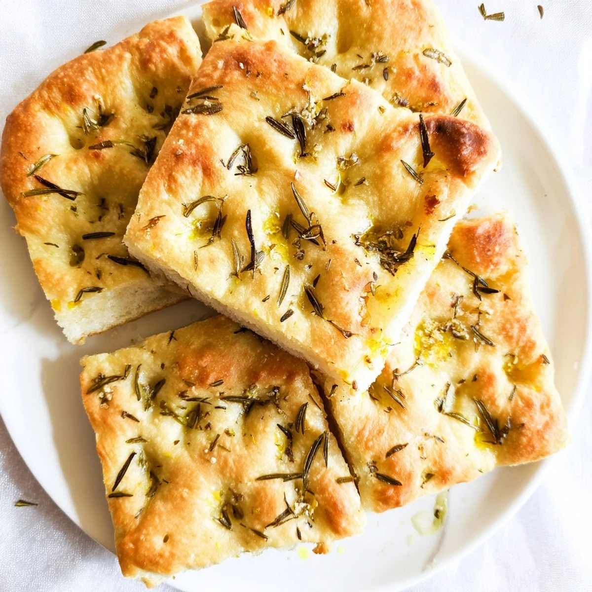 Golden Italian focaccia bread topped with fresh rosemary sea salt and olive oil