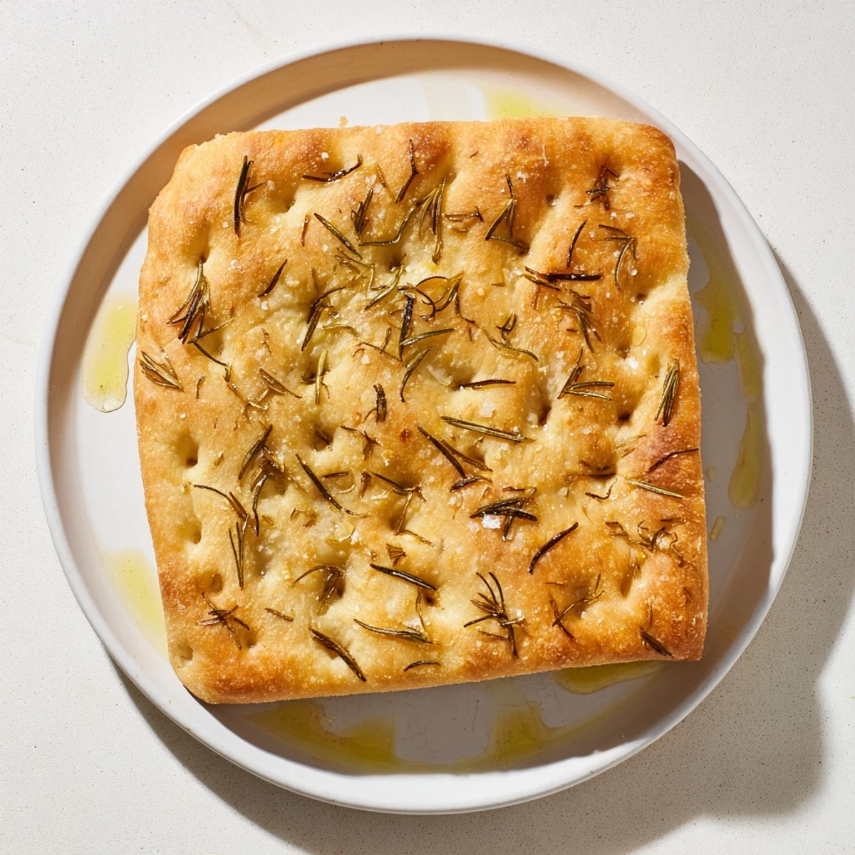 Homemade focaccia with dimpled crispy crust drizzled with extra virgin olive oil and herbs