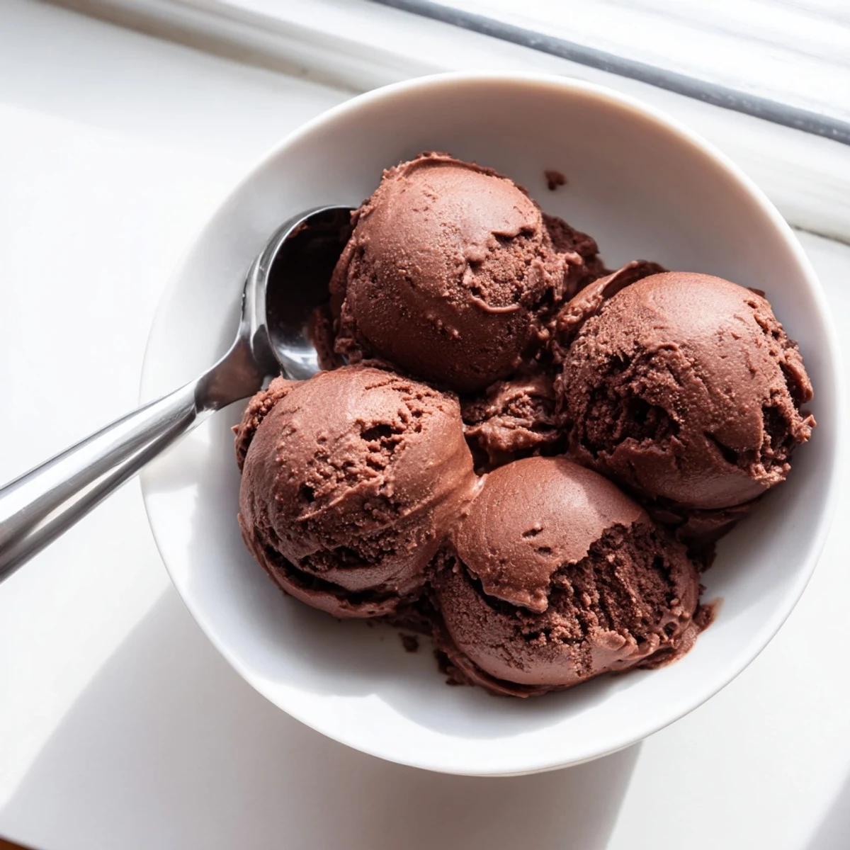 Velvety chocolate sourdough ice cream swirl served in a glass dessert bowl with spoon