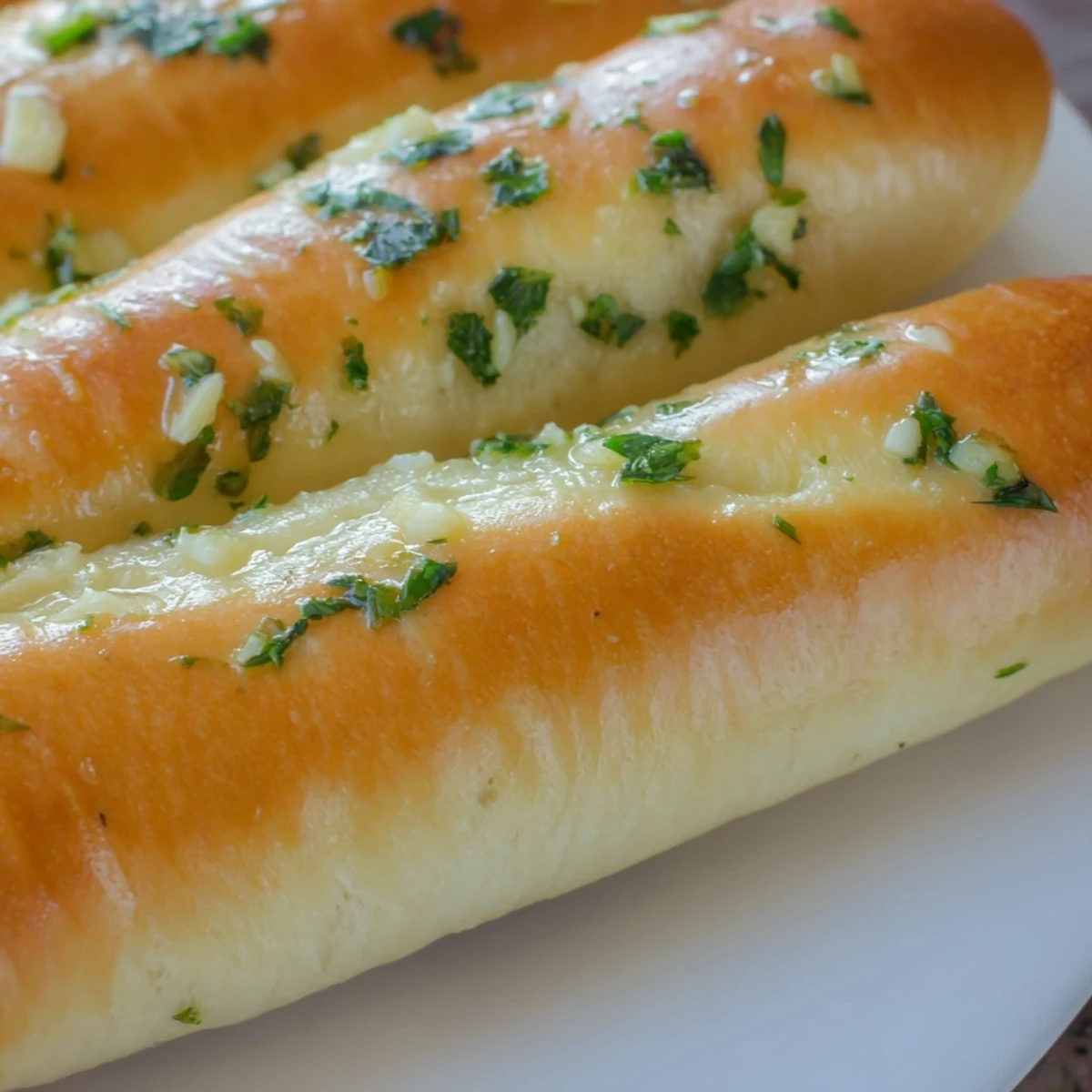 Golden homemade garlic breadsticks brushed with melted butter and fresh parsley, arranged on a parchment-lined baking sheet