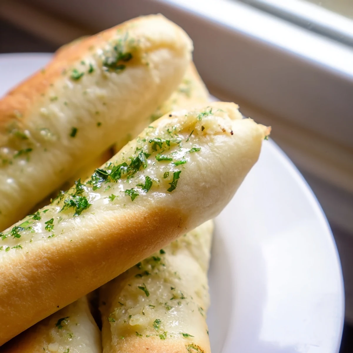 Twelve warm Italian-style garlic breadsticks brushed with savory garlic herb butter, perfect for dipping in marinara sauce