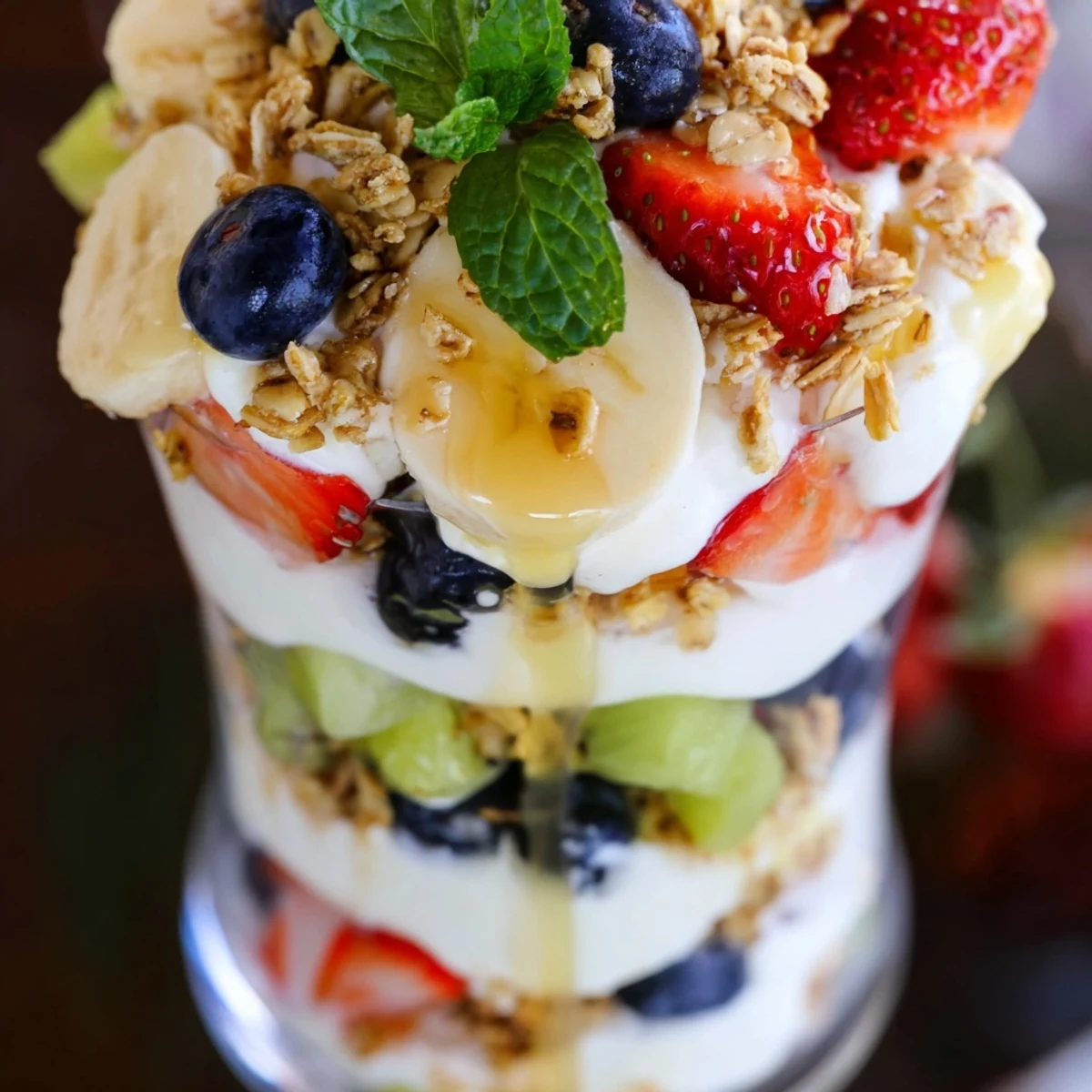 Layered yogurt parfait recipe with honey drizzled over fresh strawberries, blueberries, and kiwi slices in a glass