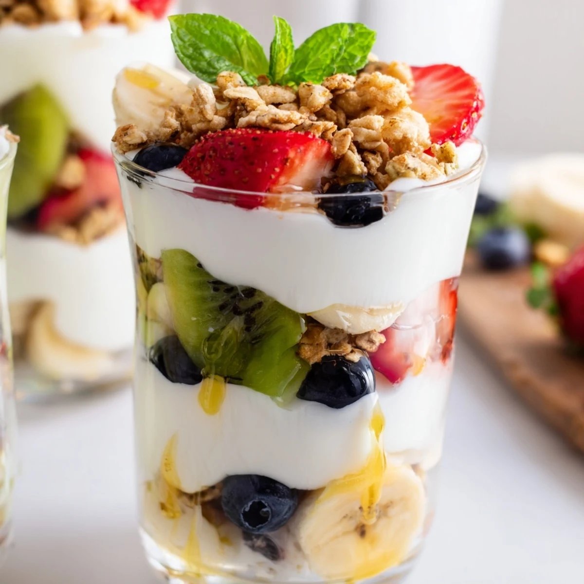 Glass of creamy yogurt parfait recipe topped with colorful mixed fruits, honey swirls, and mint garnish