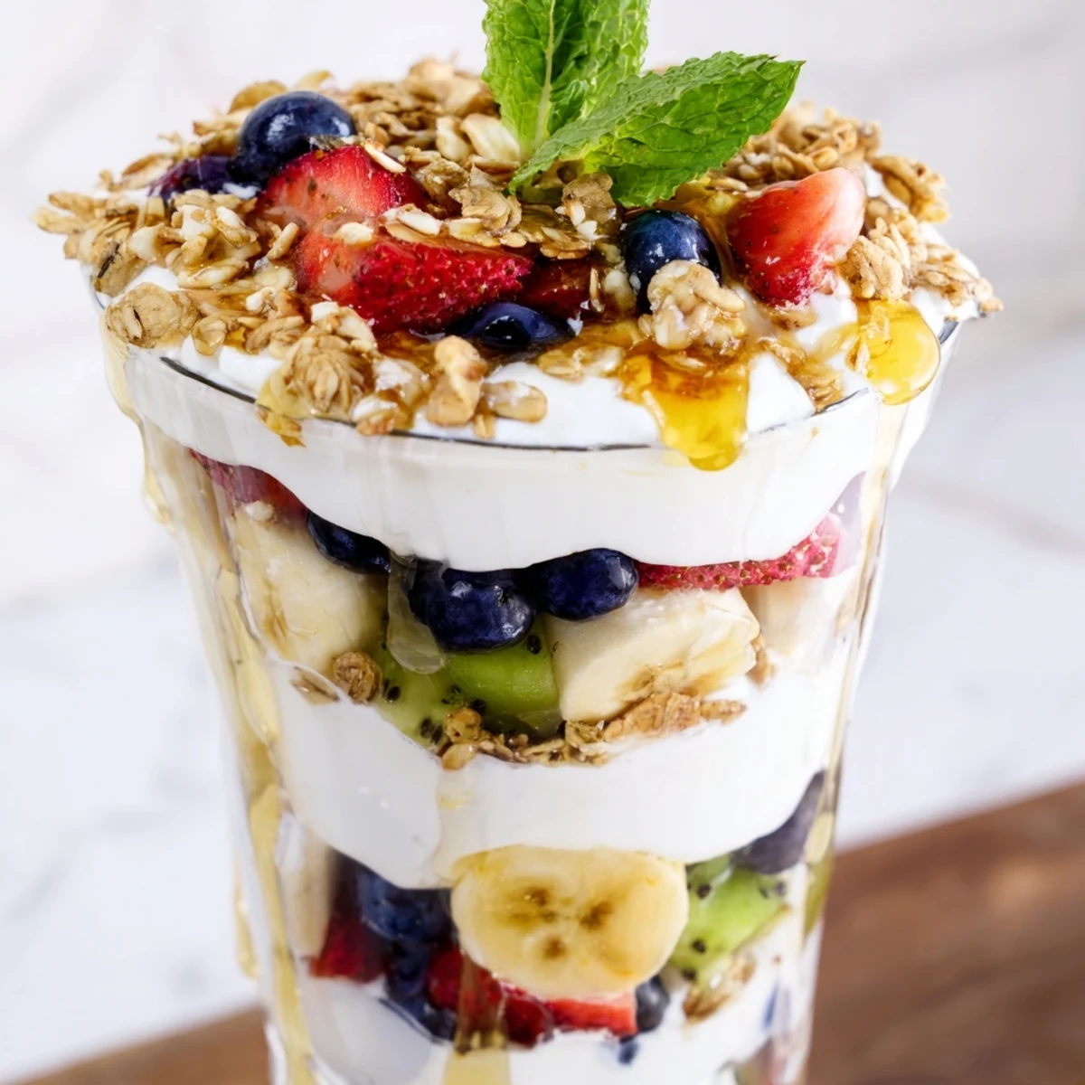 Beautiful yogurt parfait recipe featuring alternating layers of Greek yogurt, sweet honey, and vibrant fresh fruit assortment