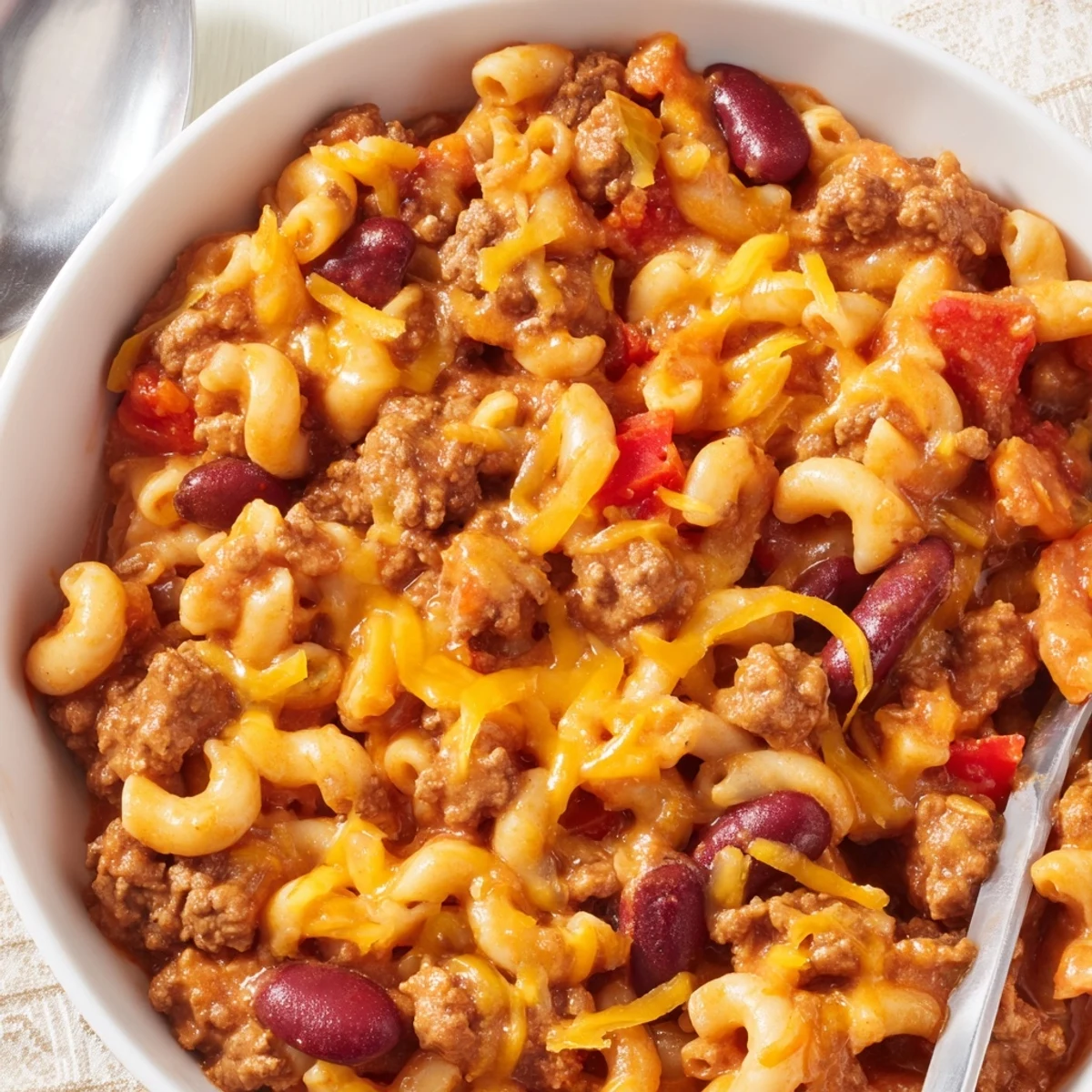 Baked chili mac and cheese with melted mozzarella topping and kidney beans throughout