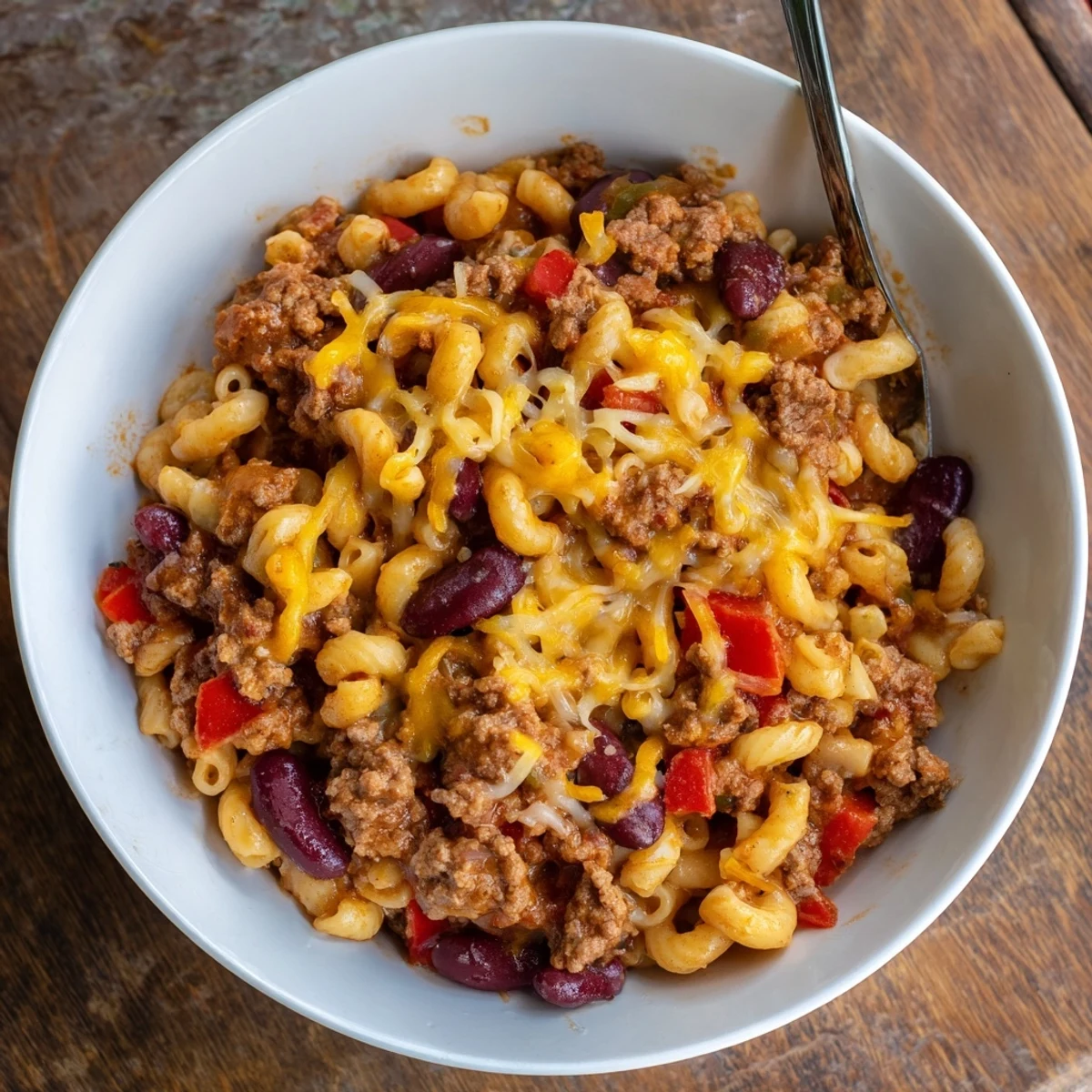 Creamy chili mac and cheese casserole bubbling with ground beef and cheddar cheese