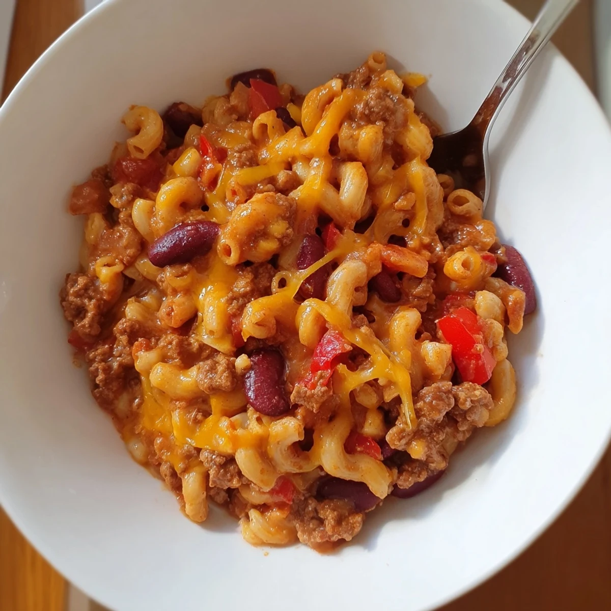 Hearty chili mac and cheese pasta dish seasoned with spices and topped with golden cheese