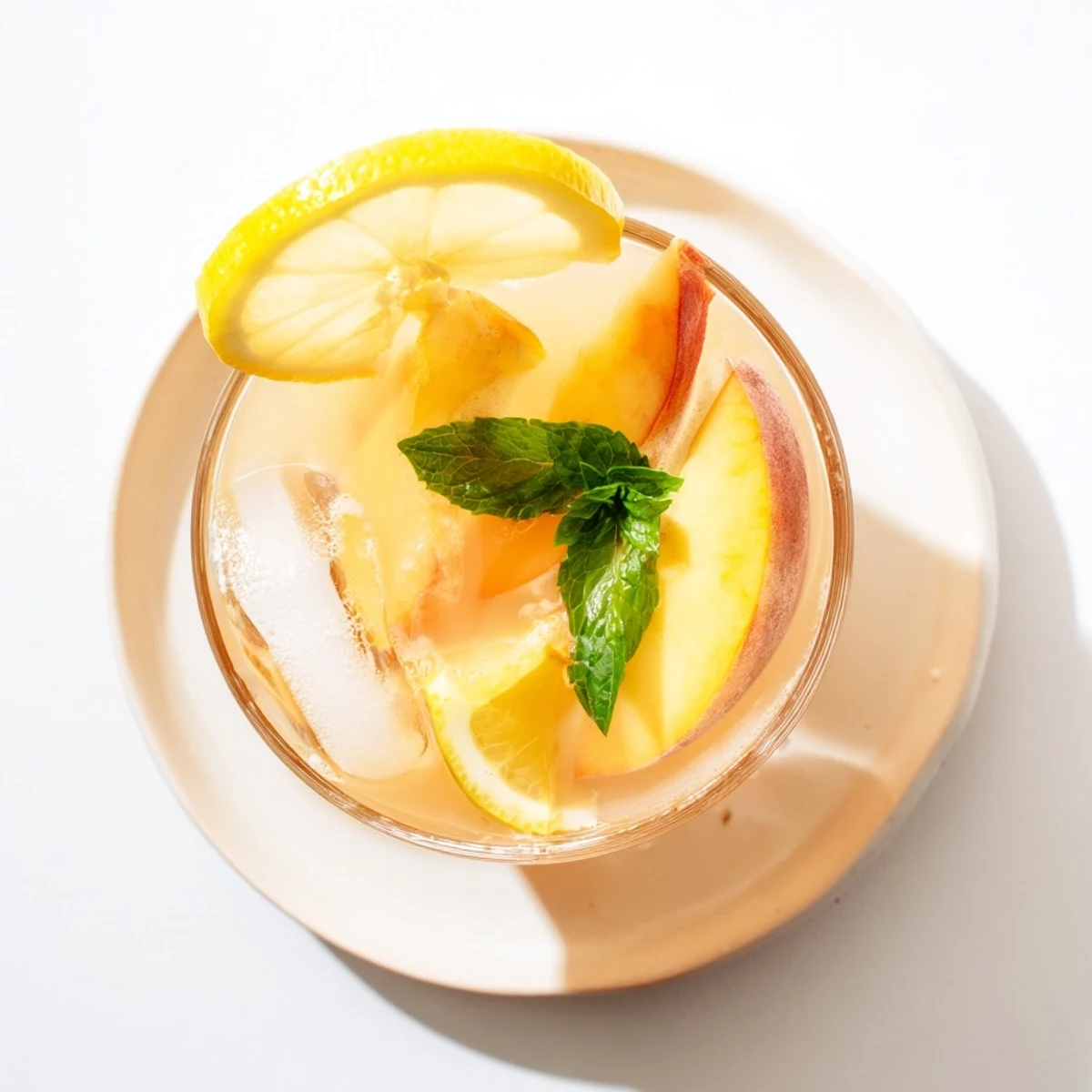 Golden fresh peach lemonade drink poured over ice with lemon wheel garnish on wooden table