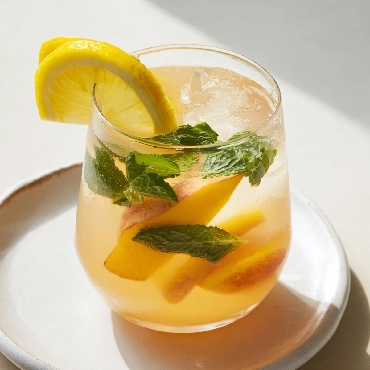 Fresh peach lemonade drink in a glass pitcher garnished with peach slices and mint leaves