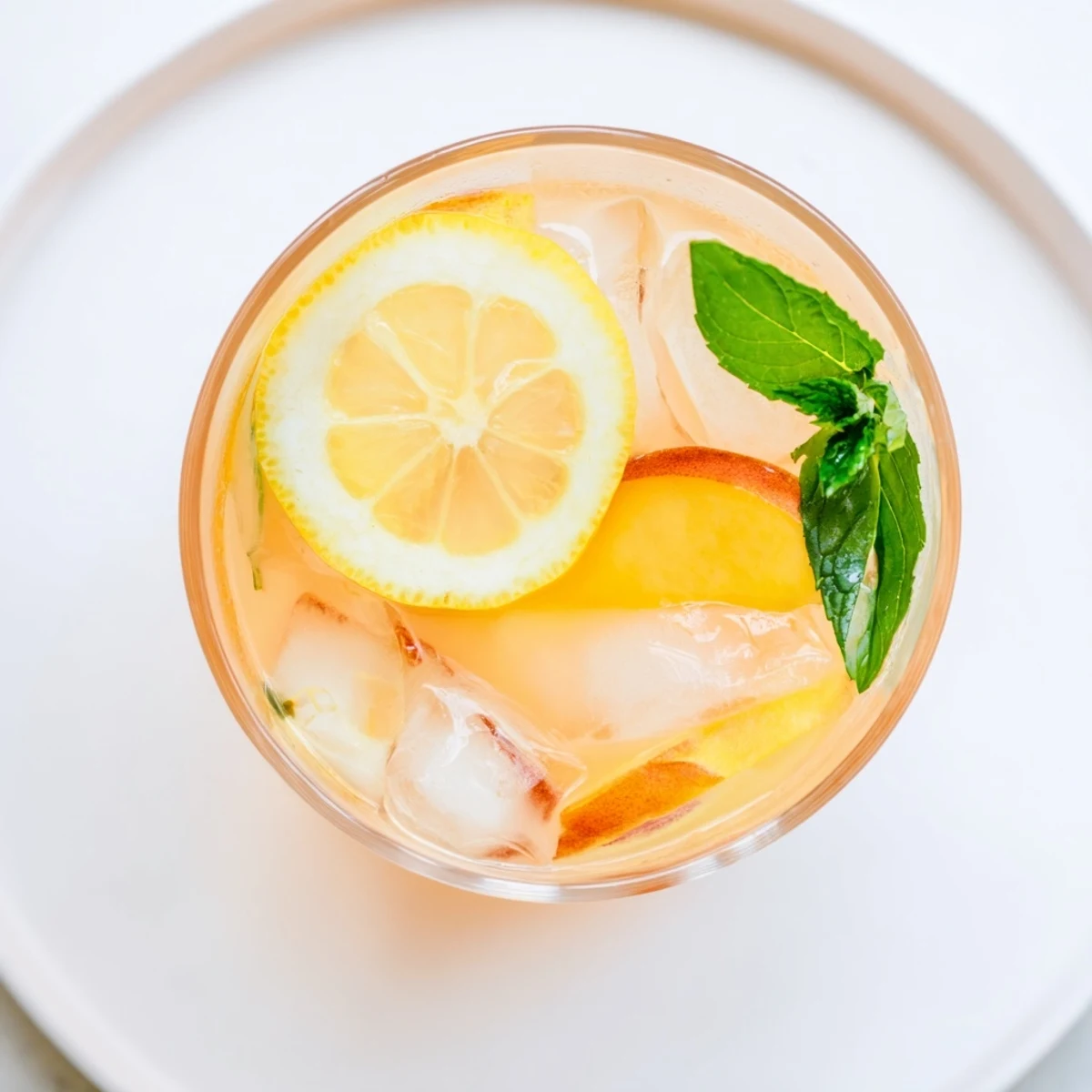 Refreshing fresh peach lemonade drink with floating peach chunks and ice in clear mason jar