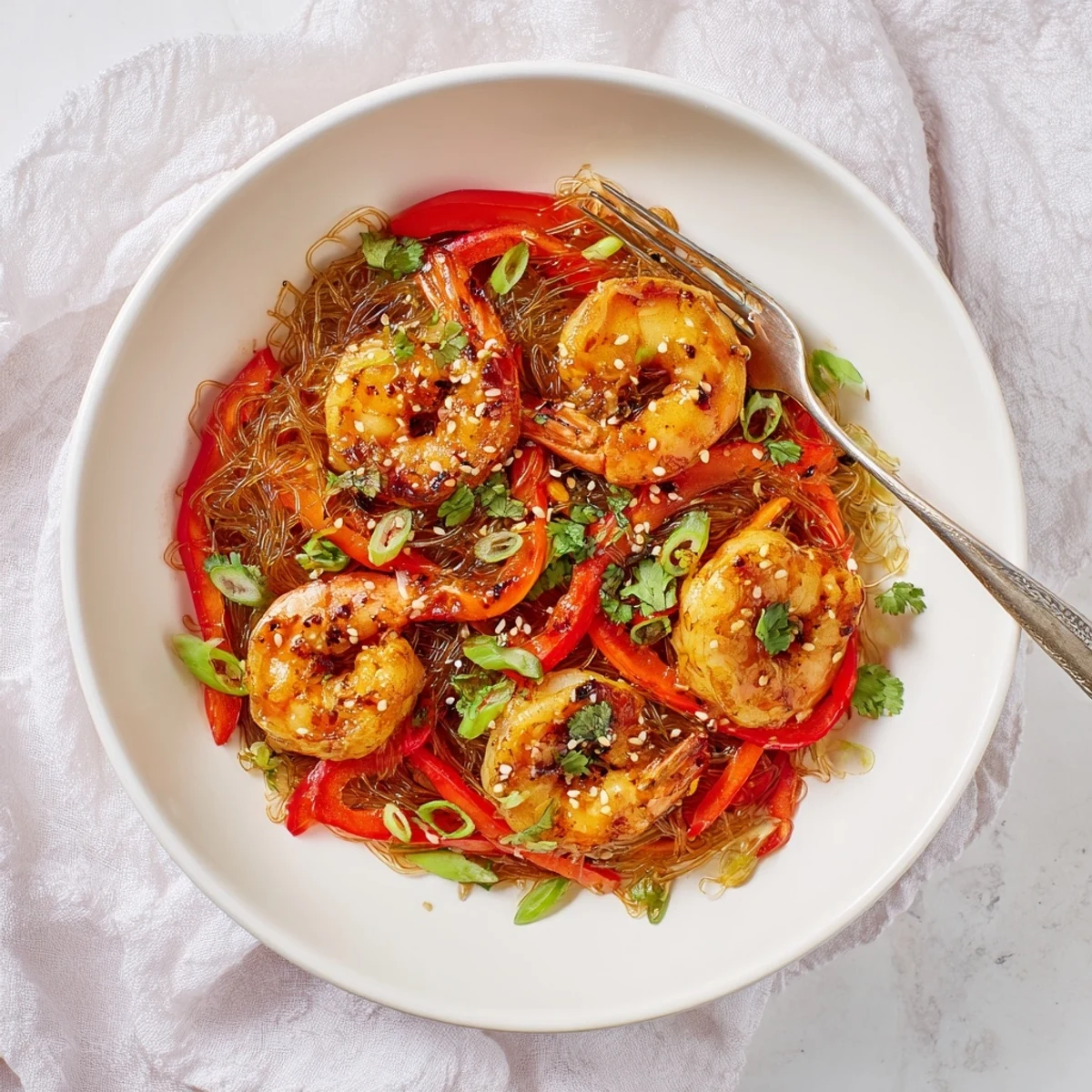 Spicy Garlic Shrimp Noodles Recipe: glossy noodles tossed with sizzling garlic shrimp