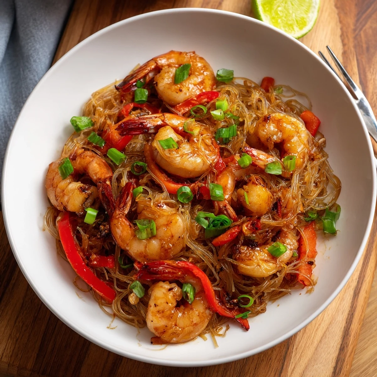 Steaming Spicy Garlic Shrimp Noodles Recipe plated with fragrant cilantro and crunchy peppers