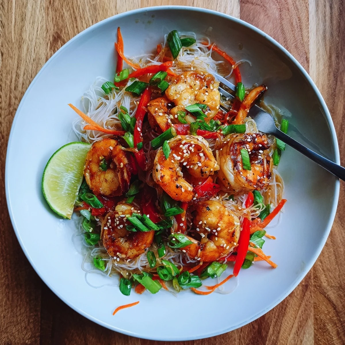 Warm Spicy Garlic Shrimp Noodles Recipe served with lime wedges and cilantro