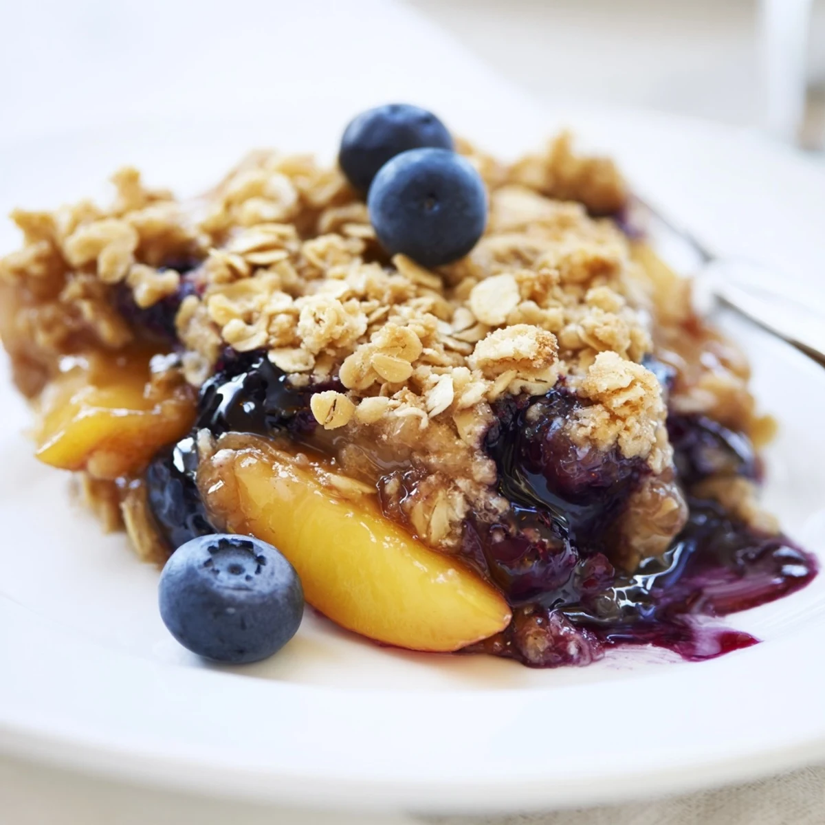 Warm Blueberry Peach Crumble bubbling in a baking dish, golden oat topping  