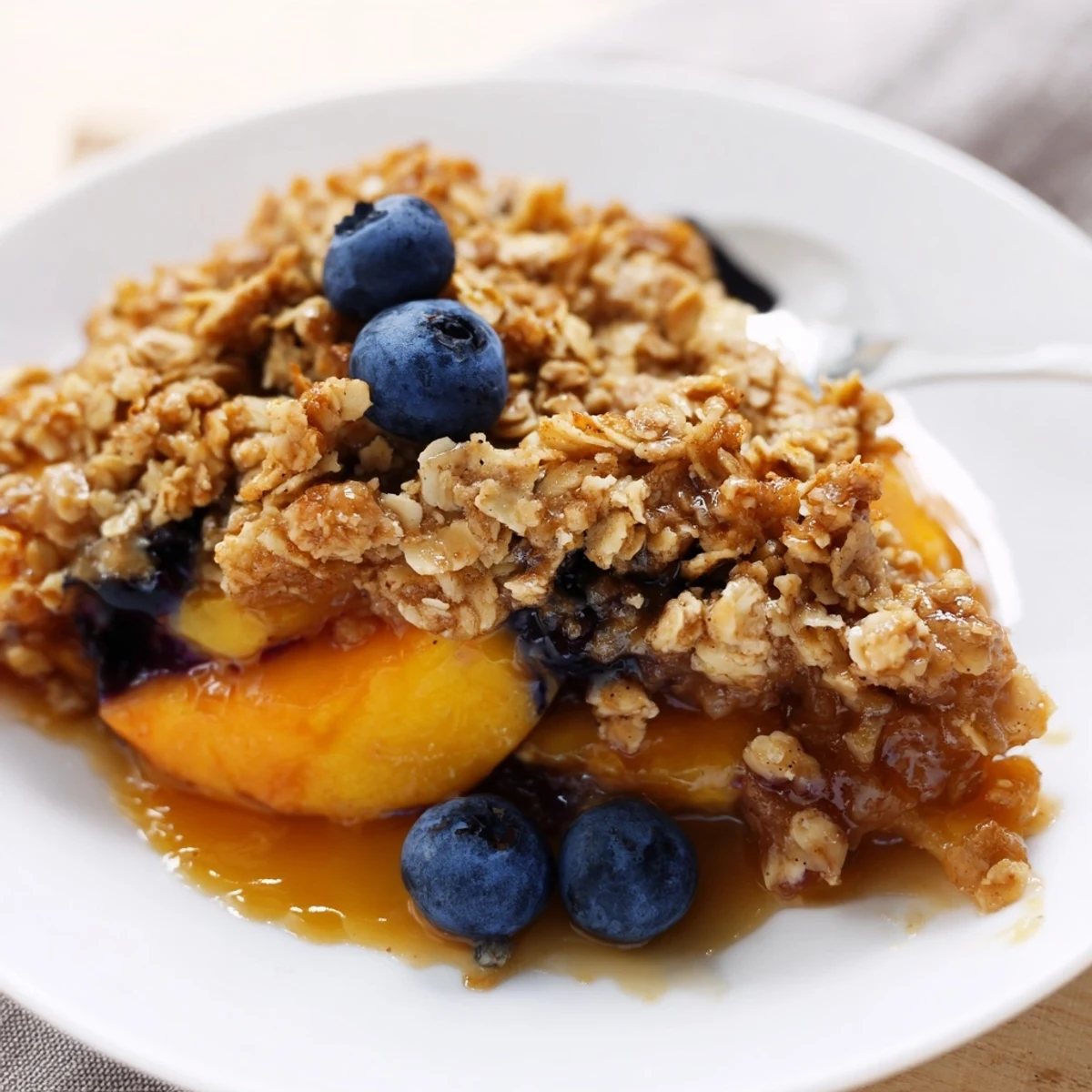 Close-up of Blueberry Peach Crumble showing juicy fruit and crisp topping