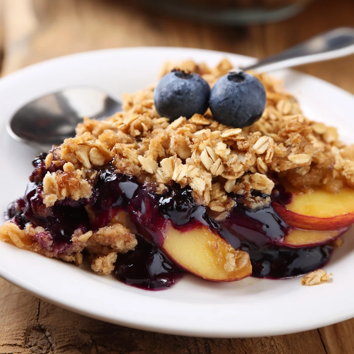 Spoonful of Blueberry Peach Crumble served with melting vanilla ice cream  