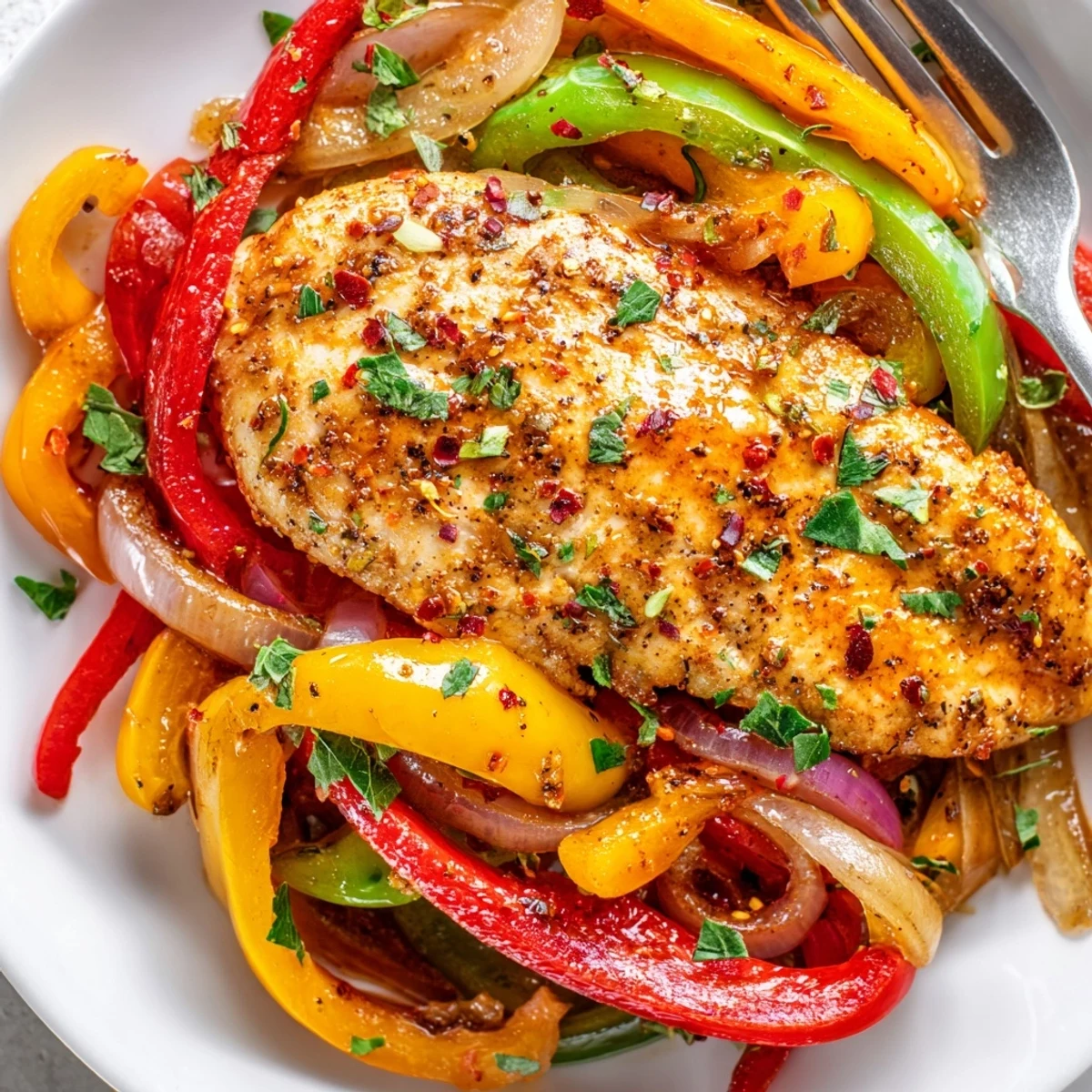 One Pan Chicken And Peppers sizzling with charred bell peppers, herbs, served hot