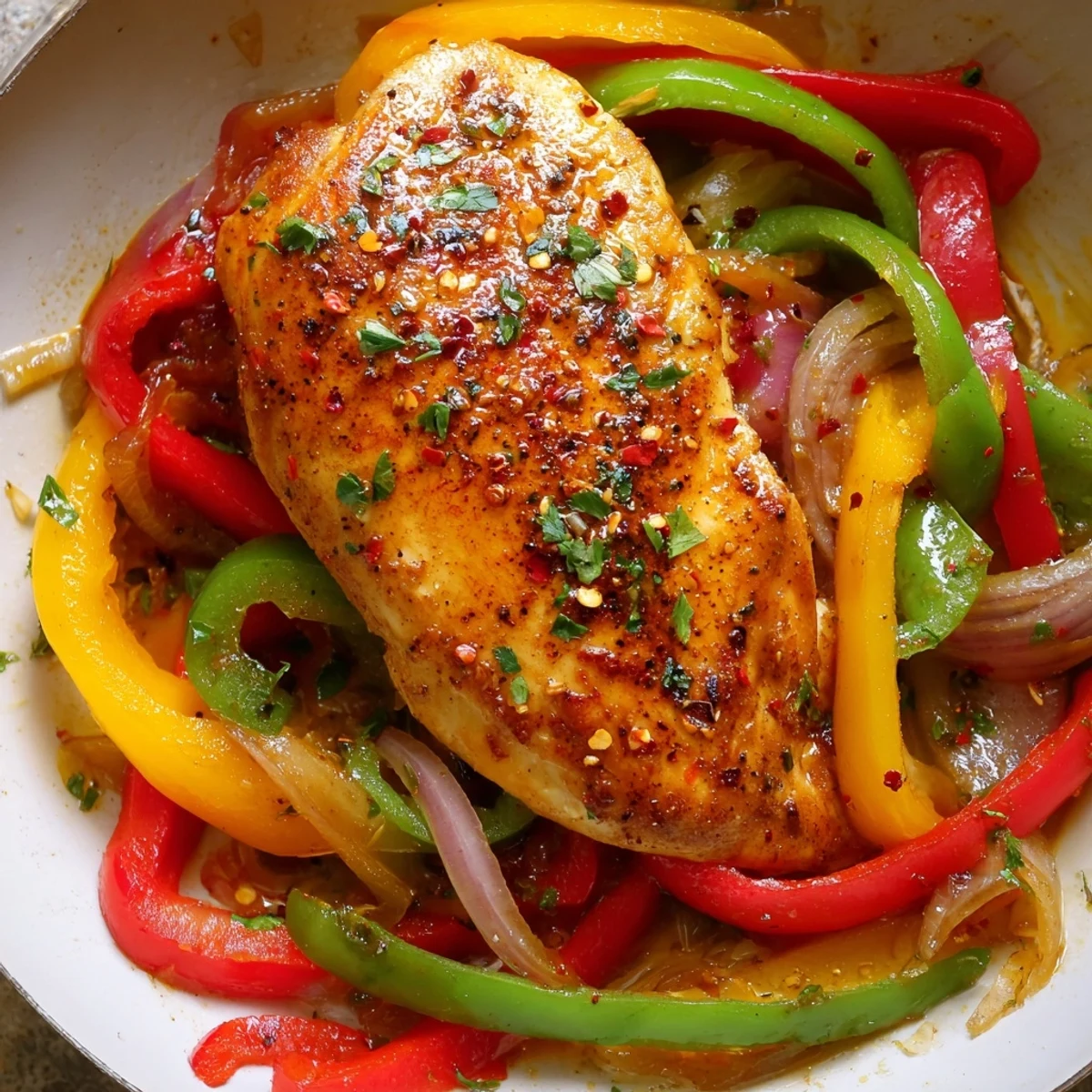 Juicy One Pan Chicken And Peppers nestled on roasted vegetables, garnish of parsley