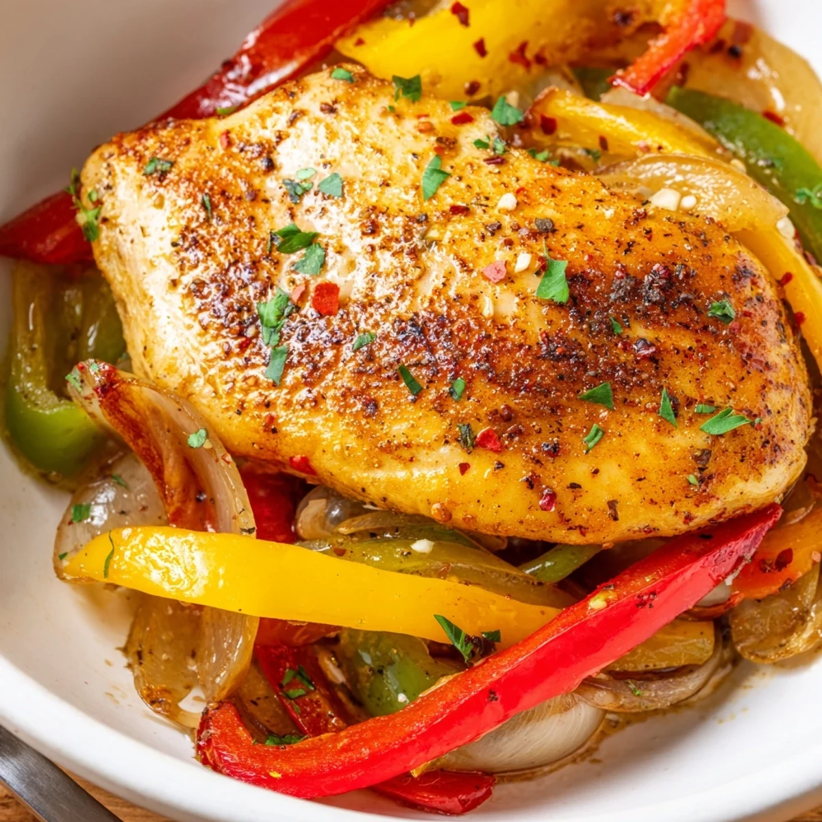 Weeknight One Pan Chicken And Peppers in cast-iron skillet, colorful peppers steaming