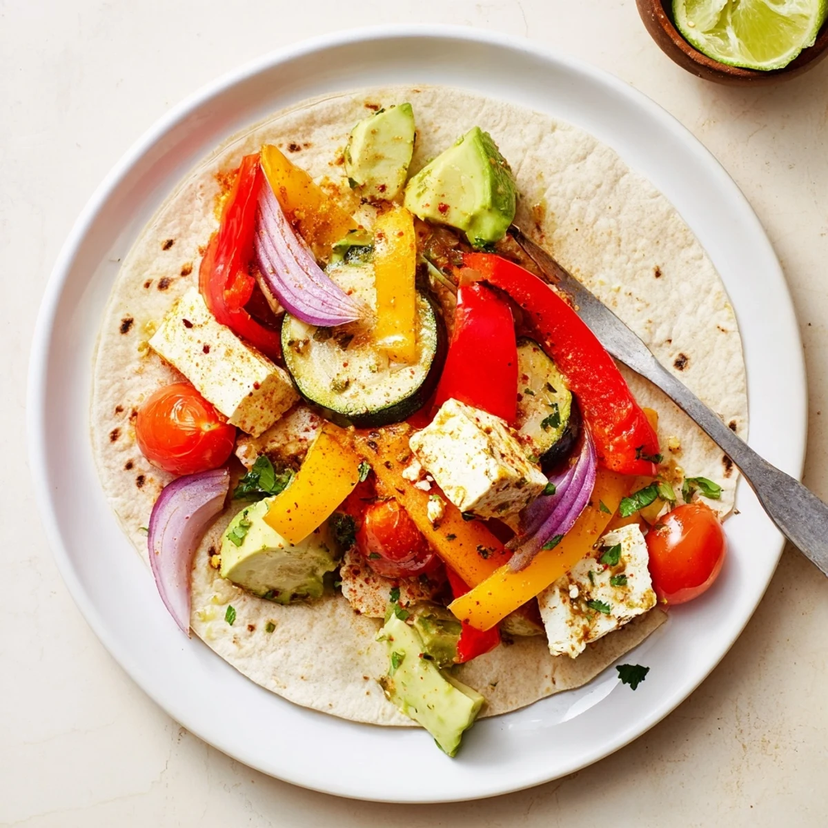 Tajin Feta Sheet Pan Fajitas with charred bell peppers, tangy feta, warm tortillas.