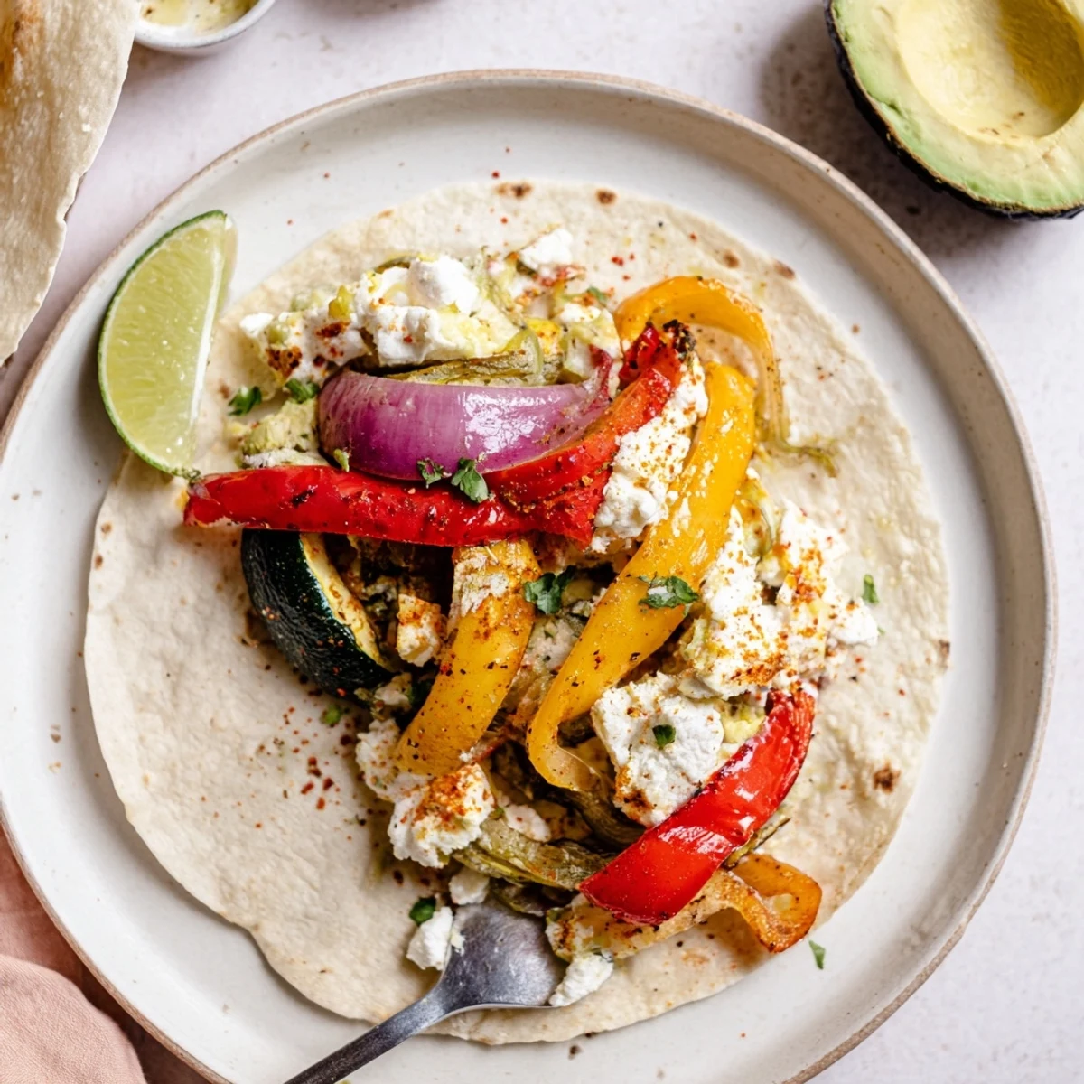 Roasted Tajin Feta Sheet Pan Fajitas piled in tortillas, garnished with lime.
