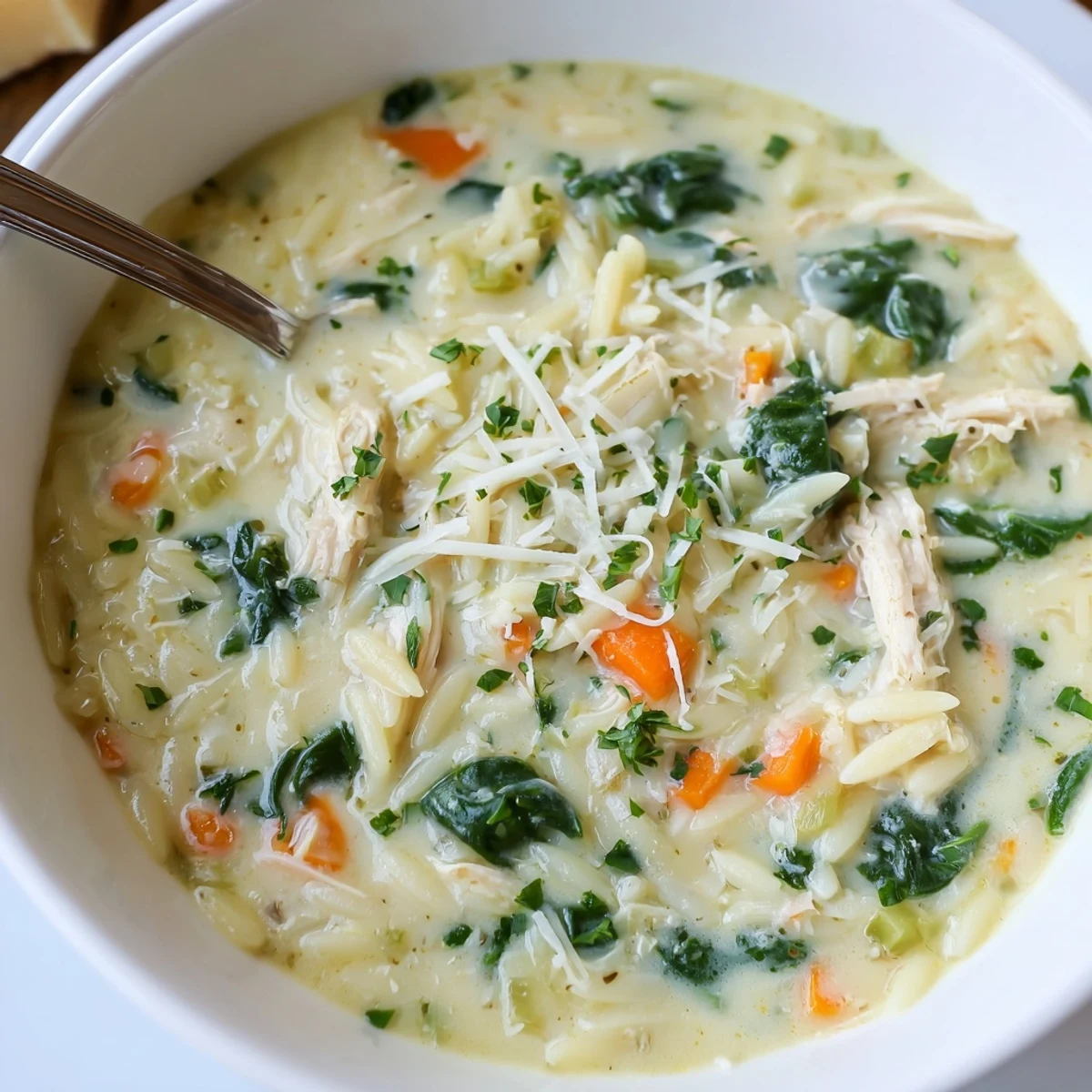 Bowl of Creamy Chicken Florentine Soup With Orzo, steaming, garnished parsley  