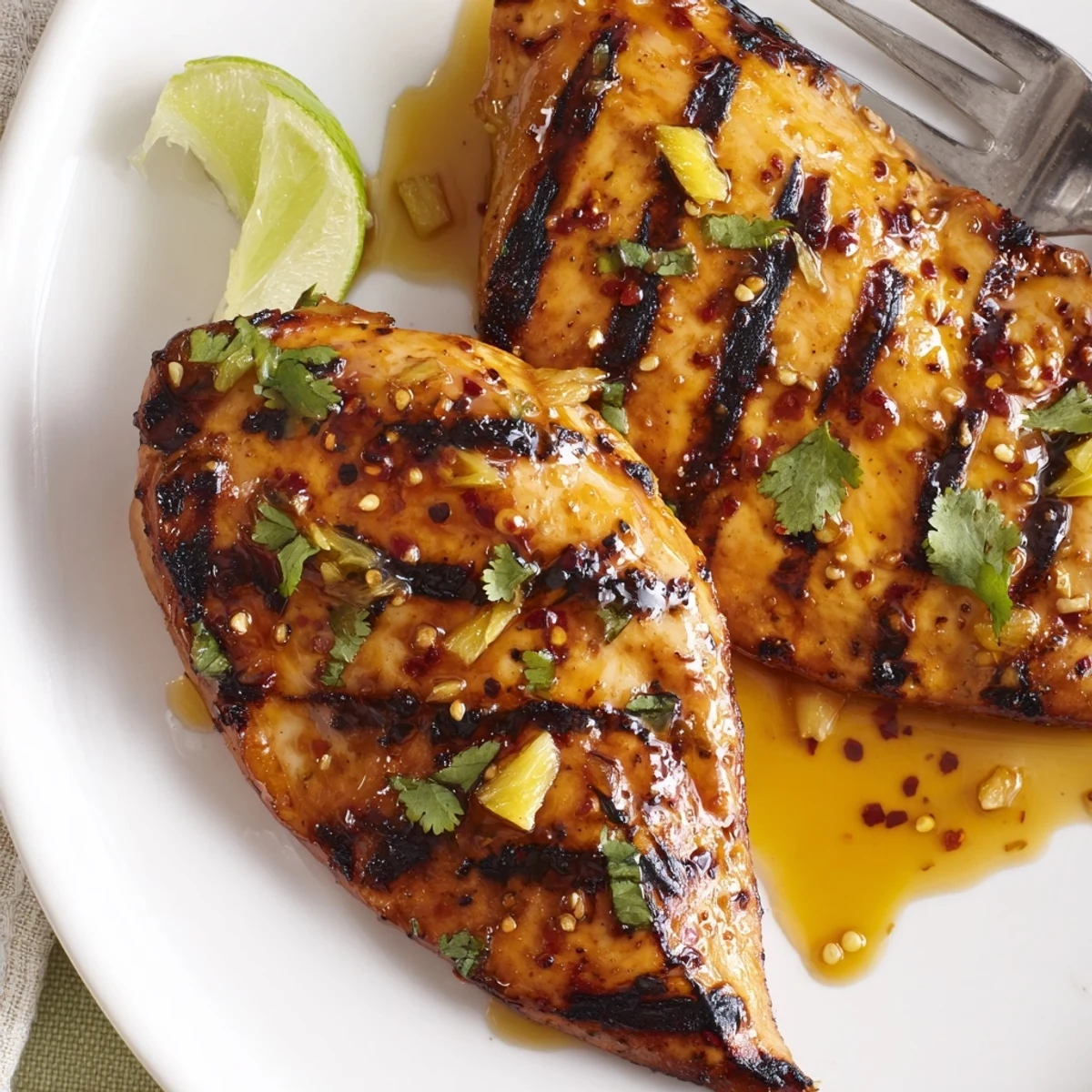 Key West Grilled Chicken With Tropical Citrus Marinade glistening, charred, served with lime.