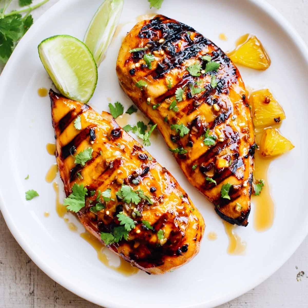 Tender Key West Grilled Chicken With Tropical Citrus Marinade, cilantro-garnished, resting on plate.