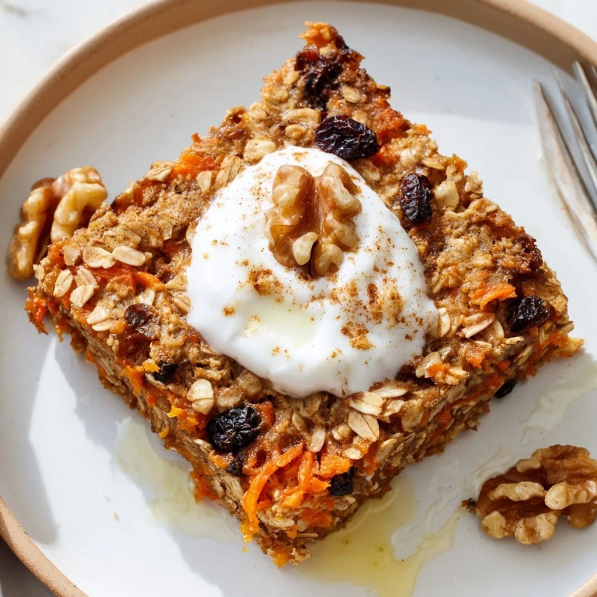 Golden Carrot Cake Baked Oatmeal topped with cinnamon, raisins, oat crumble