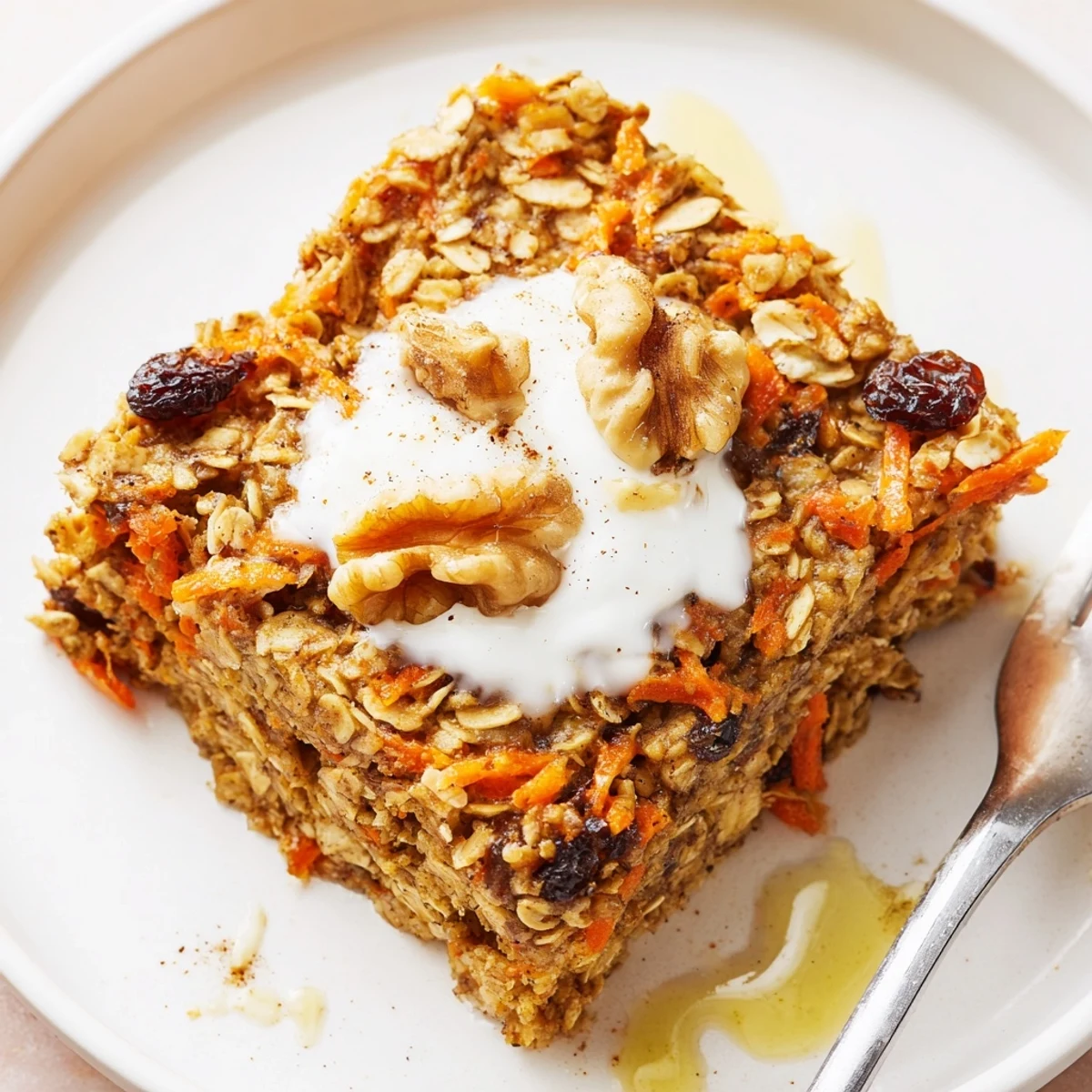 Fresh from oven Carrot Cake Baked Oatmeal steaming, spiced aroma and crunchy walnuts