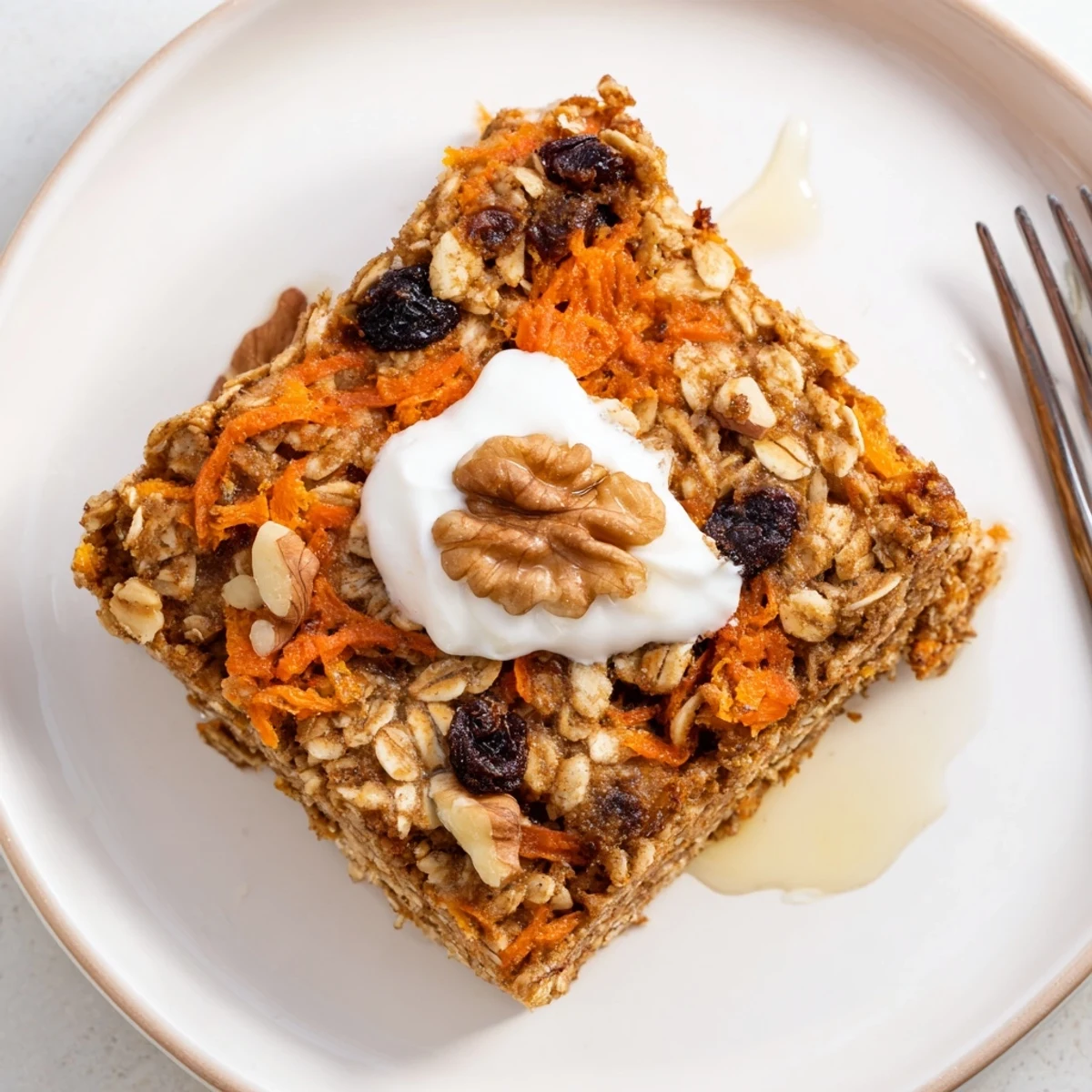 Slice of Carrot Cake Baked Oatmeal served warm with creamy yogurt dollop