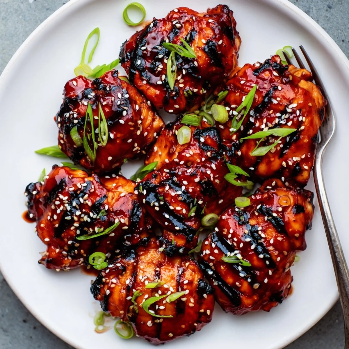 Oven-roasted Juicy Korean Chicken Thighs steaming on a platter with rice