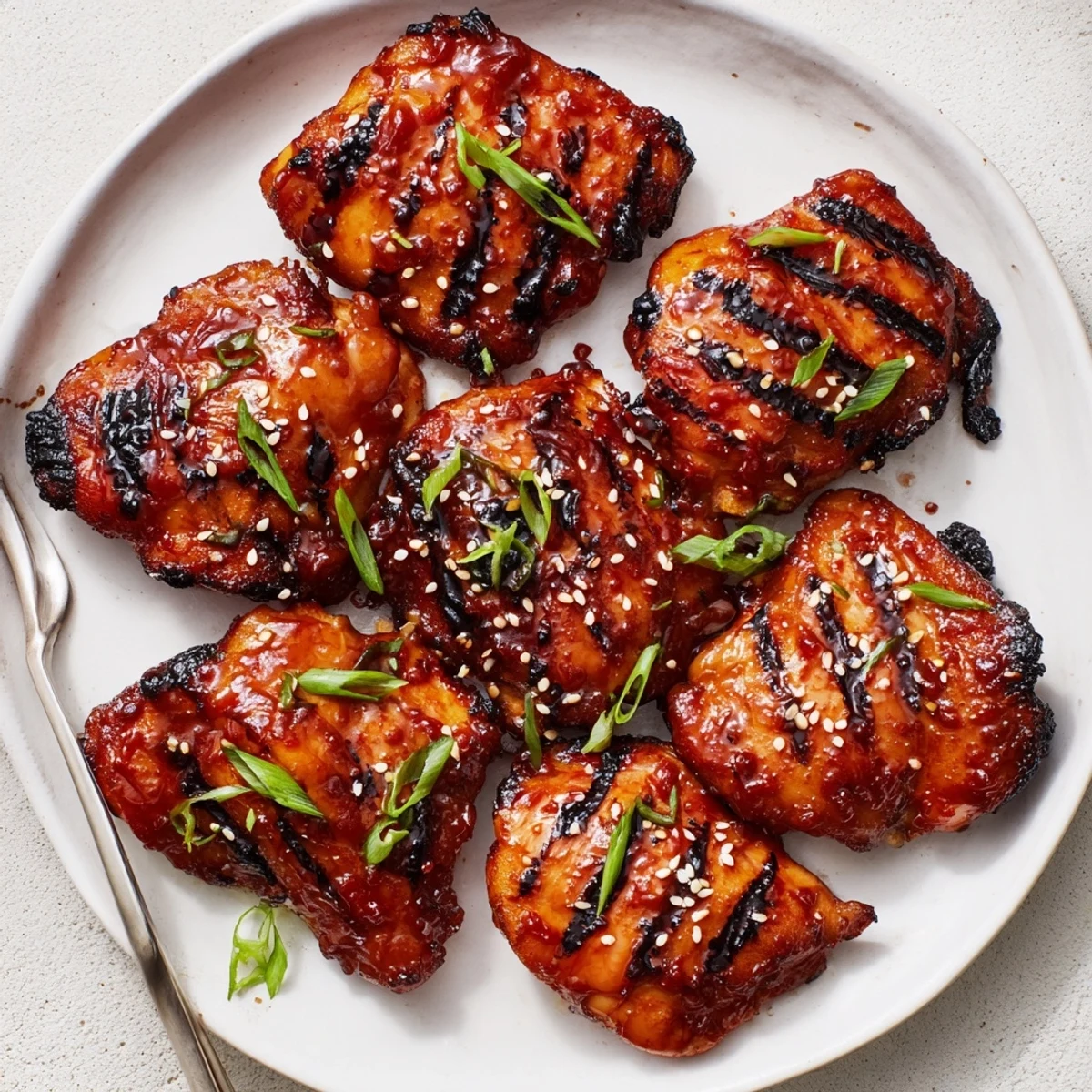 Charred Juicy Korean Chicken Thighs resting with sesame seeds and scallion garnish