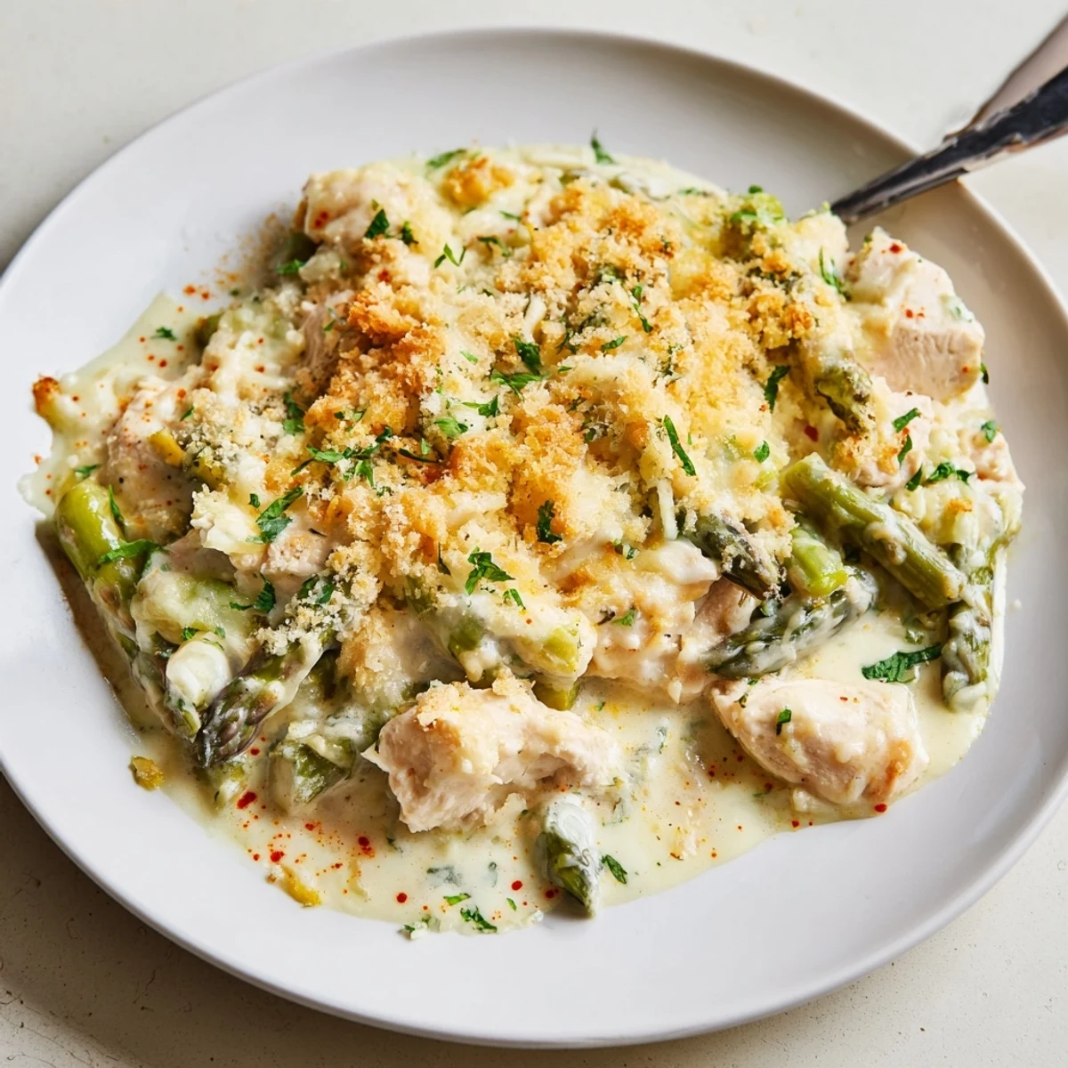 Family style Creamy Chicken Asparagus Bake served hot with chopped parsley garnish
