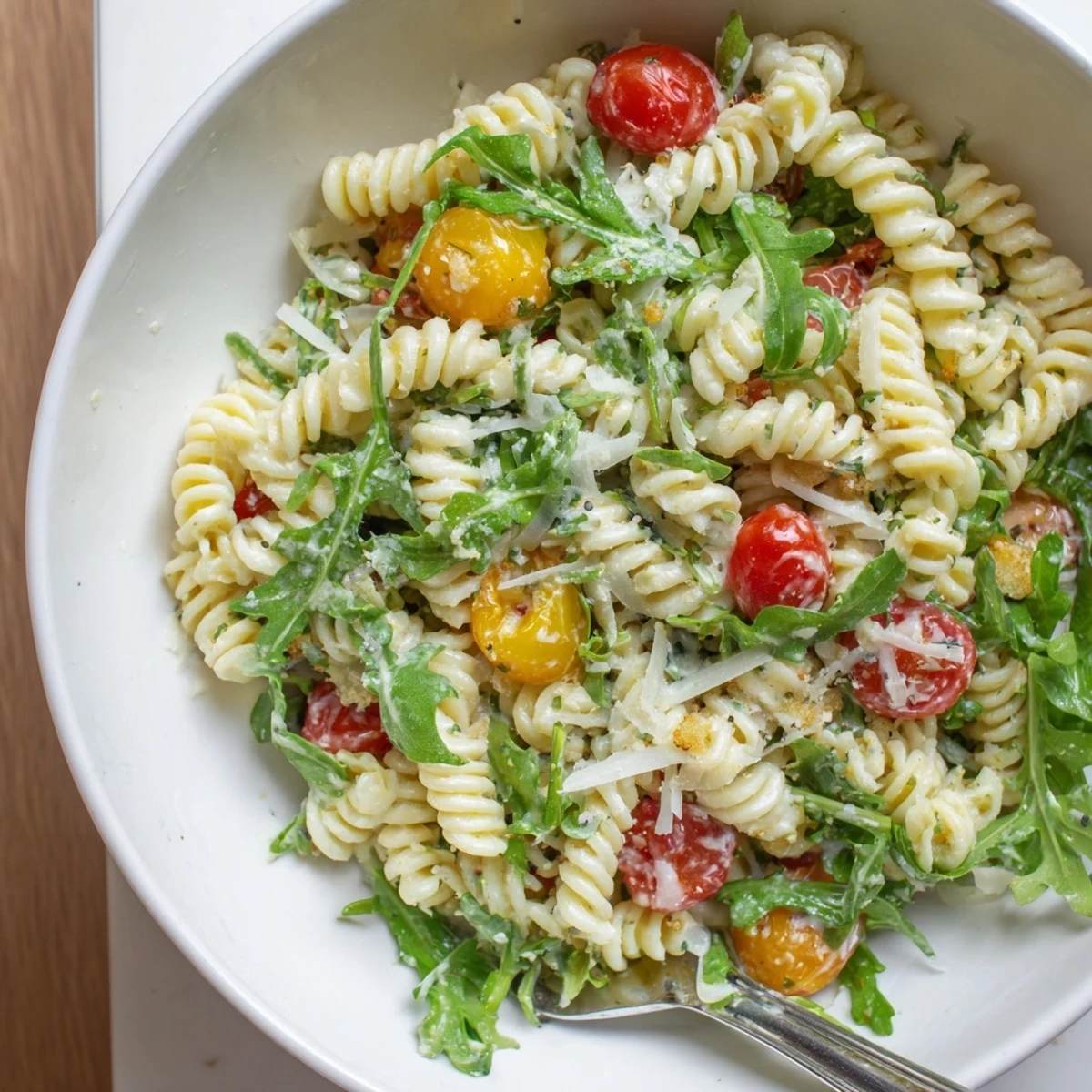 Arugula Pasta Caesar Salad tossed with creamy dressing, lemon brightness, crunchy croutons.