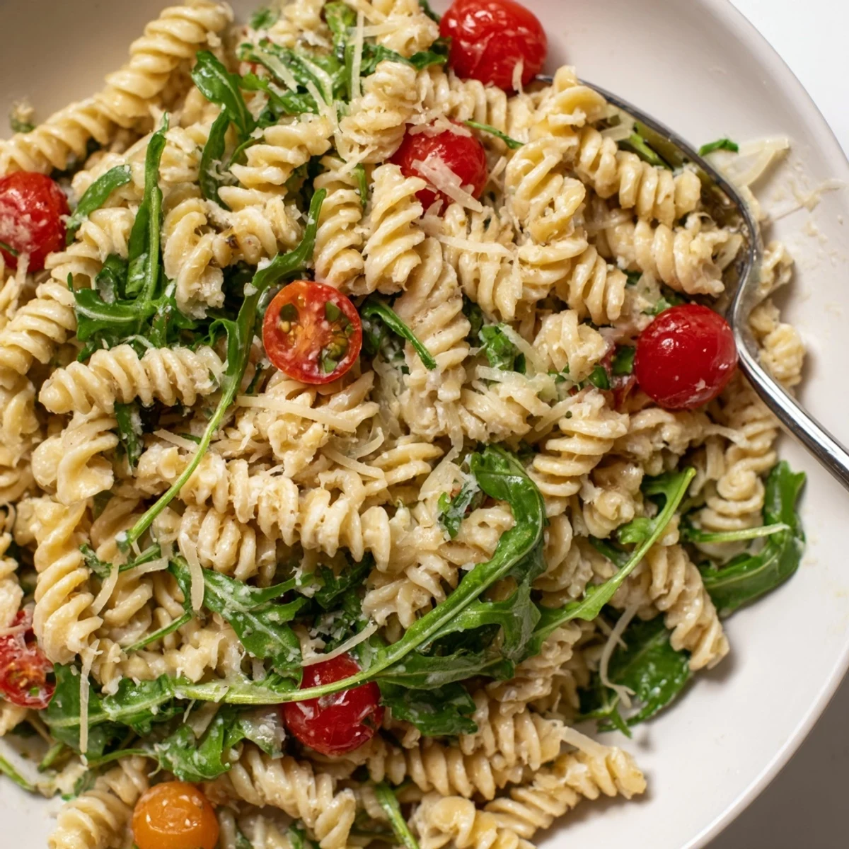 Bowl of Arugula Pasta Caesar Salad with peppery greens, cherry tomatoes, shaved Parmesan.
