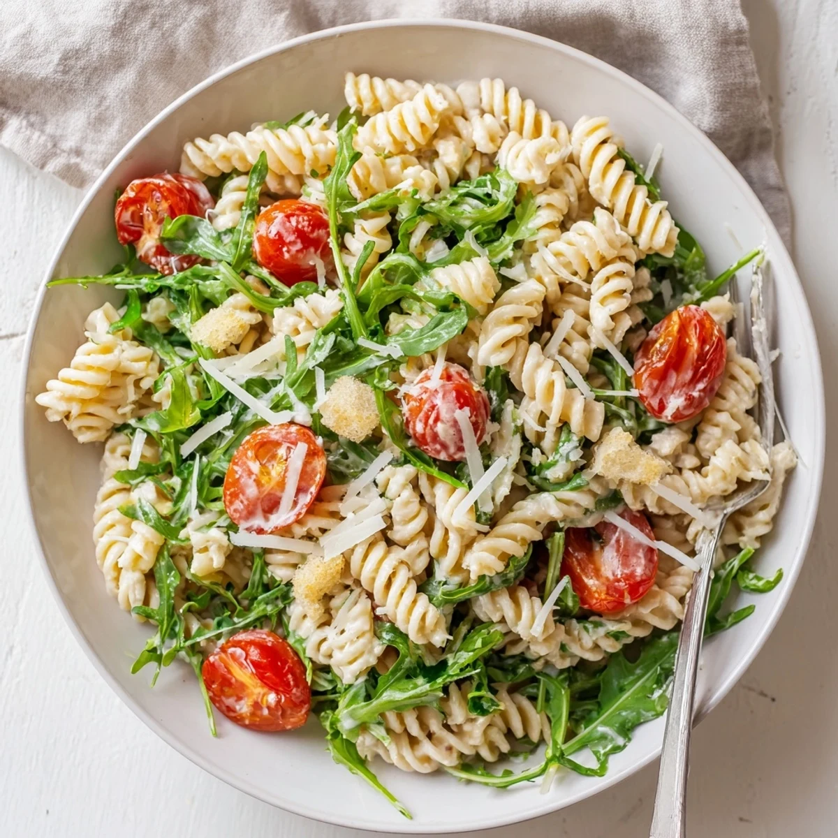 Weeknight Arugula Pasta Caesar Salad served warm, al dente pasta, tangy dressing.