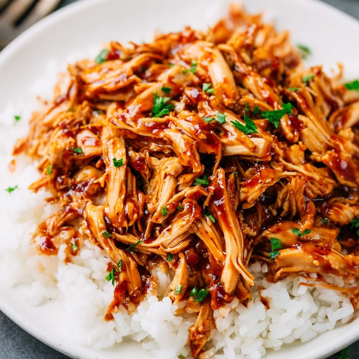 Crockpot Honey Garlic Chicken glazed in sticky amber sauce over steamed rice.