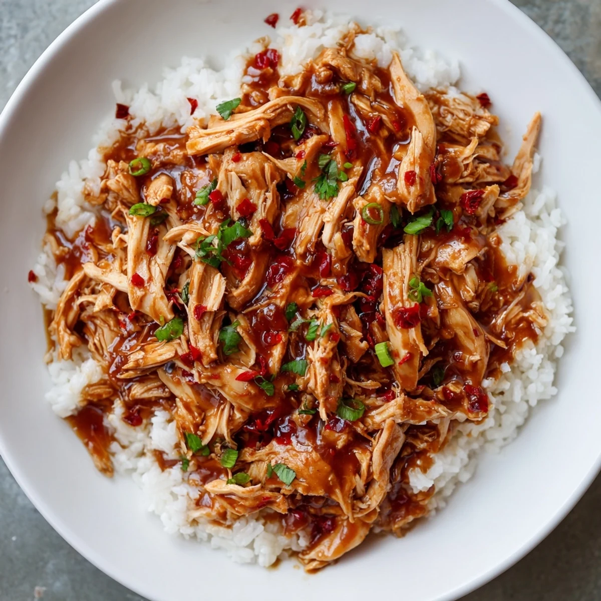 Slow-cooked Crockpot Honey Garlic Chicken, tender shredded meat soaking up sweet sauce.