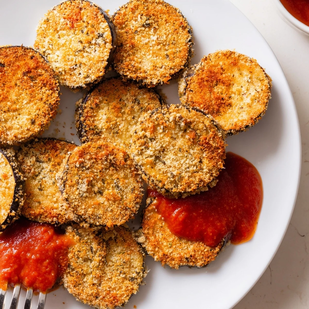 Crispy Baked Eggplant slices, golden and crunchy, served with marinara dipping sauce