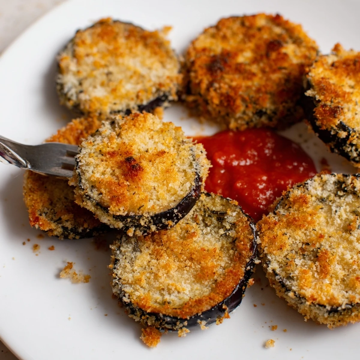 Oven-roasted Crispy Baked Eggplant rounds sprinkled with Parmesan, steaming on a plate