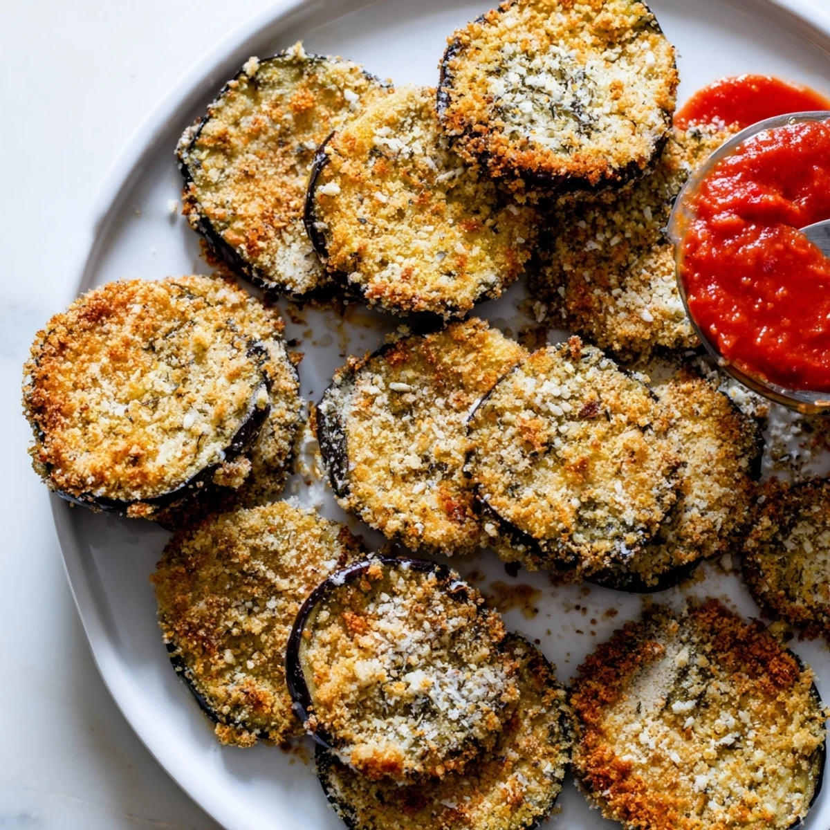 Hand-breaded Crispy Baked Eggplant, golden edges and herb aroma, appetizer-ready