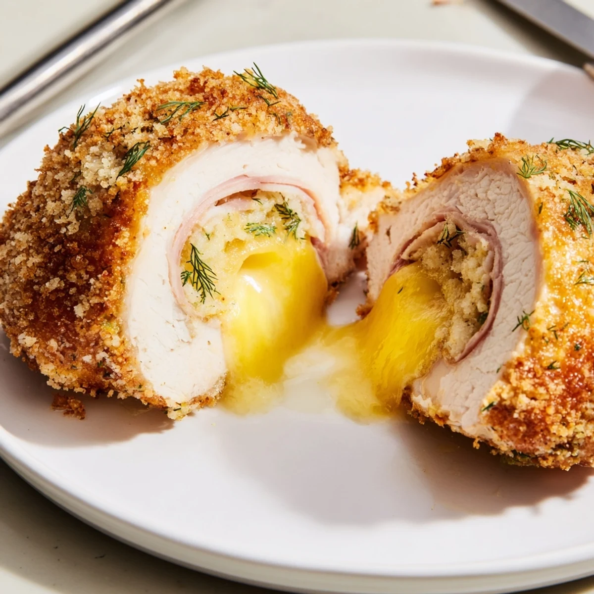Crispy Pickle Brined Chicken Rolls, sliced to show golden exterior and melty cheese