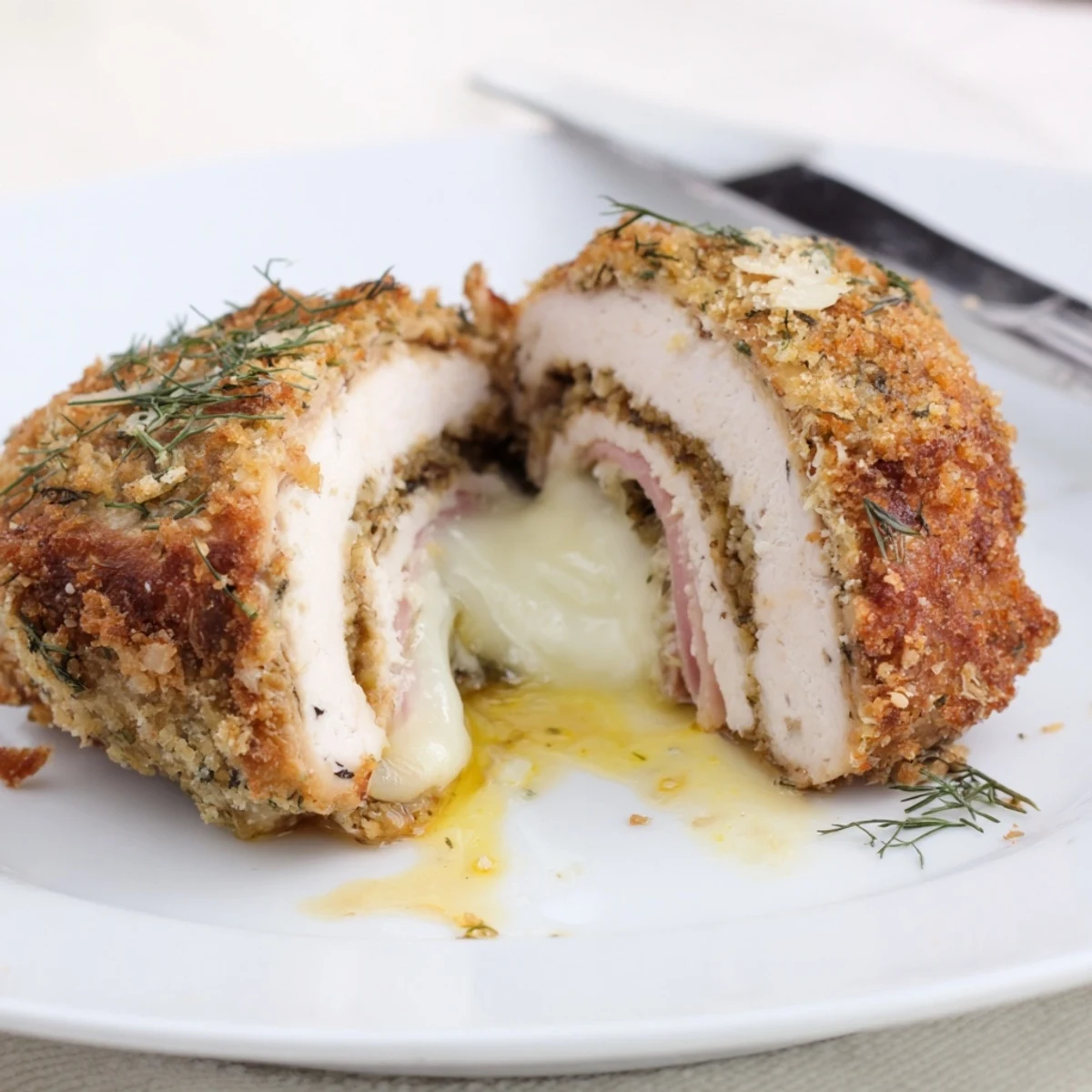 Bite revealing juicy interior of Crispy Pickle Brined Chicken Rolls beside potato salad