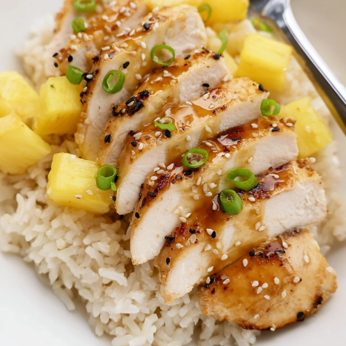 Plate of Hawaiian Chicken With Coconut Rice, glossy pineapple glaze and scallions