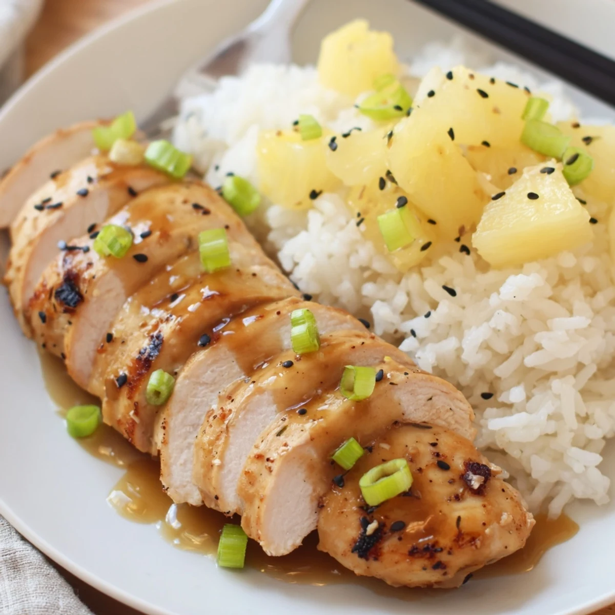 Charred Hawaiian Chicken With Coconut Rice, sweet and tangy glaze dripping over rice
