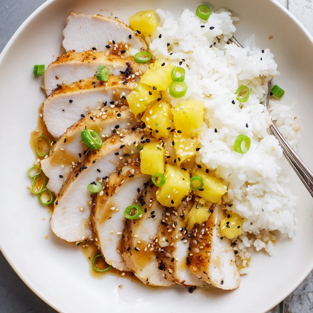 Family style Hawaiian Chicken With Coconut Rice, aroma of toasted coconut and pineapple